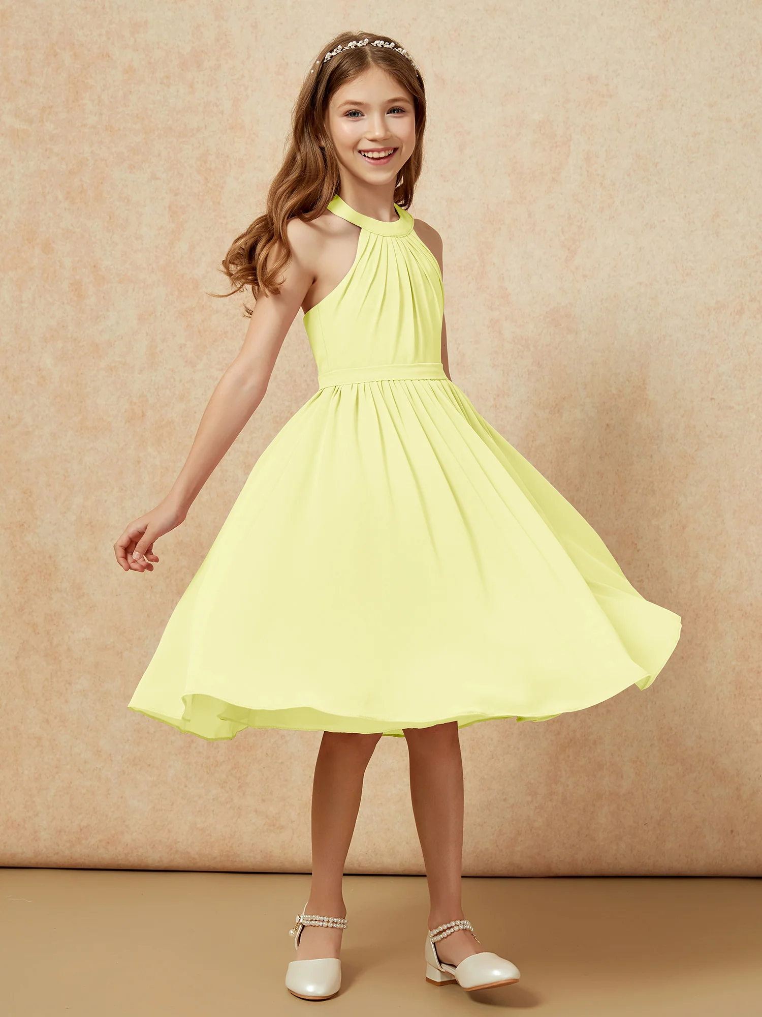 Grecian Neck Knee-length Chiffon Junior Bridesmaid Dress Daffodil - Image 3