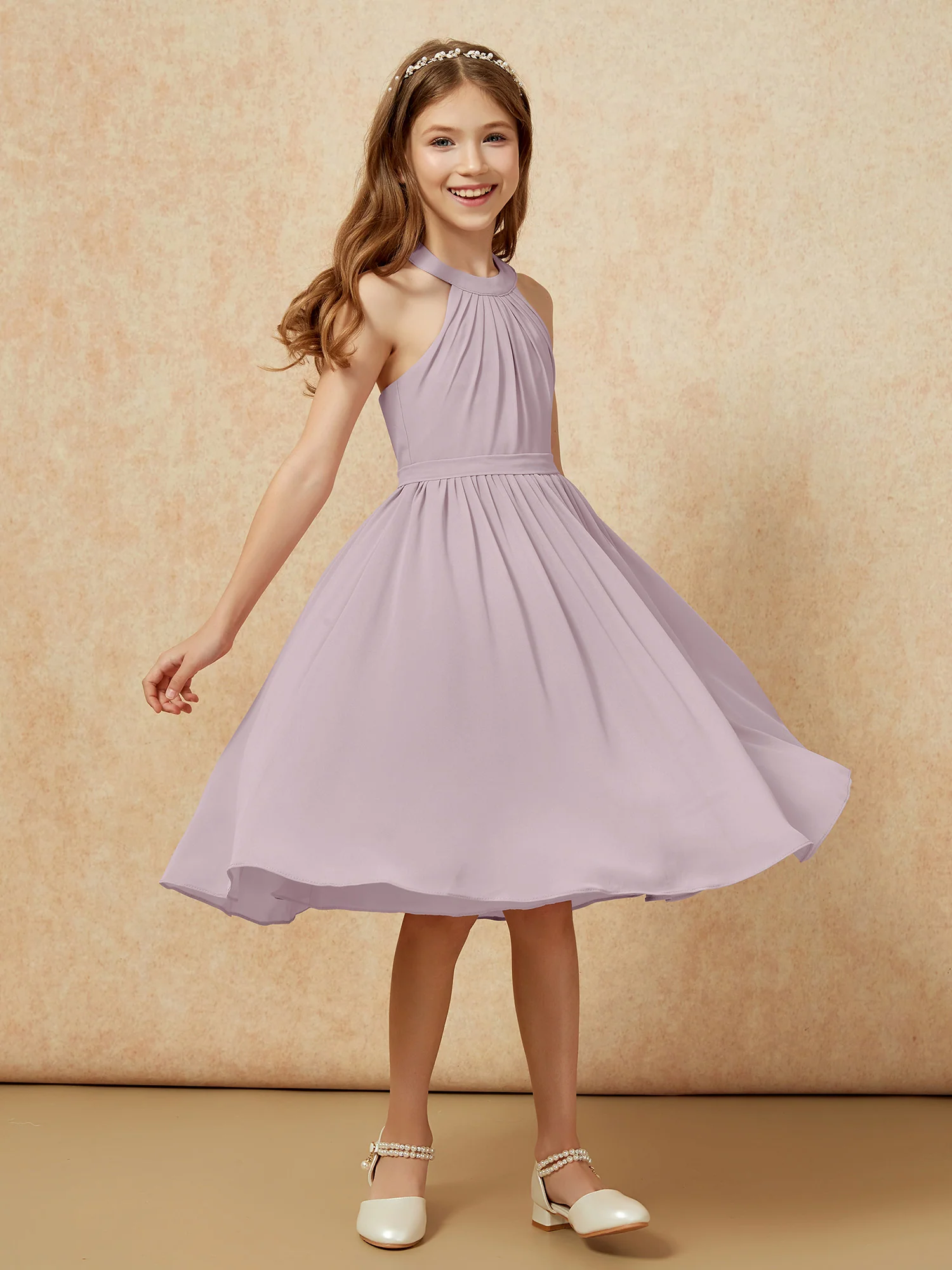 Grecian Neck Knee-length Chiffon Junior Bridesmaid Dress Dusk - Image 3