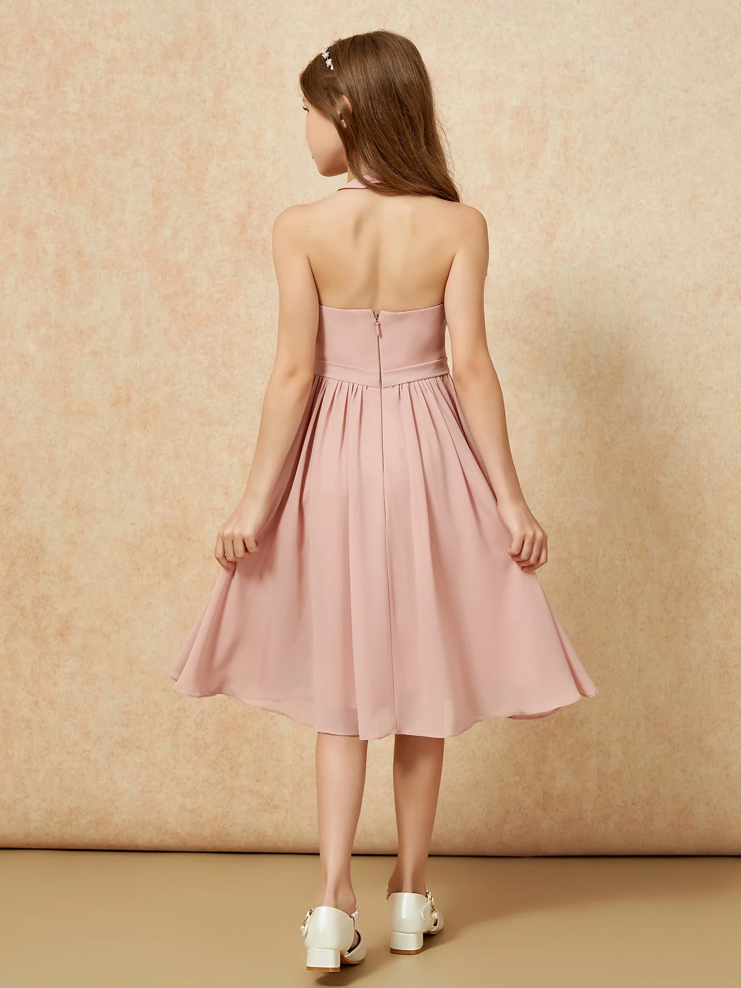 Grecian Neck Knee-length Chiffon Junior Bridesmaid Dress Dusty Rose - Image 2