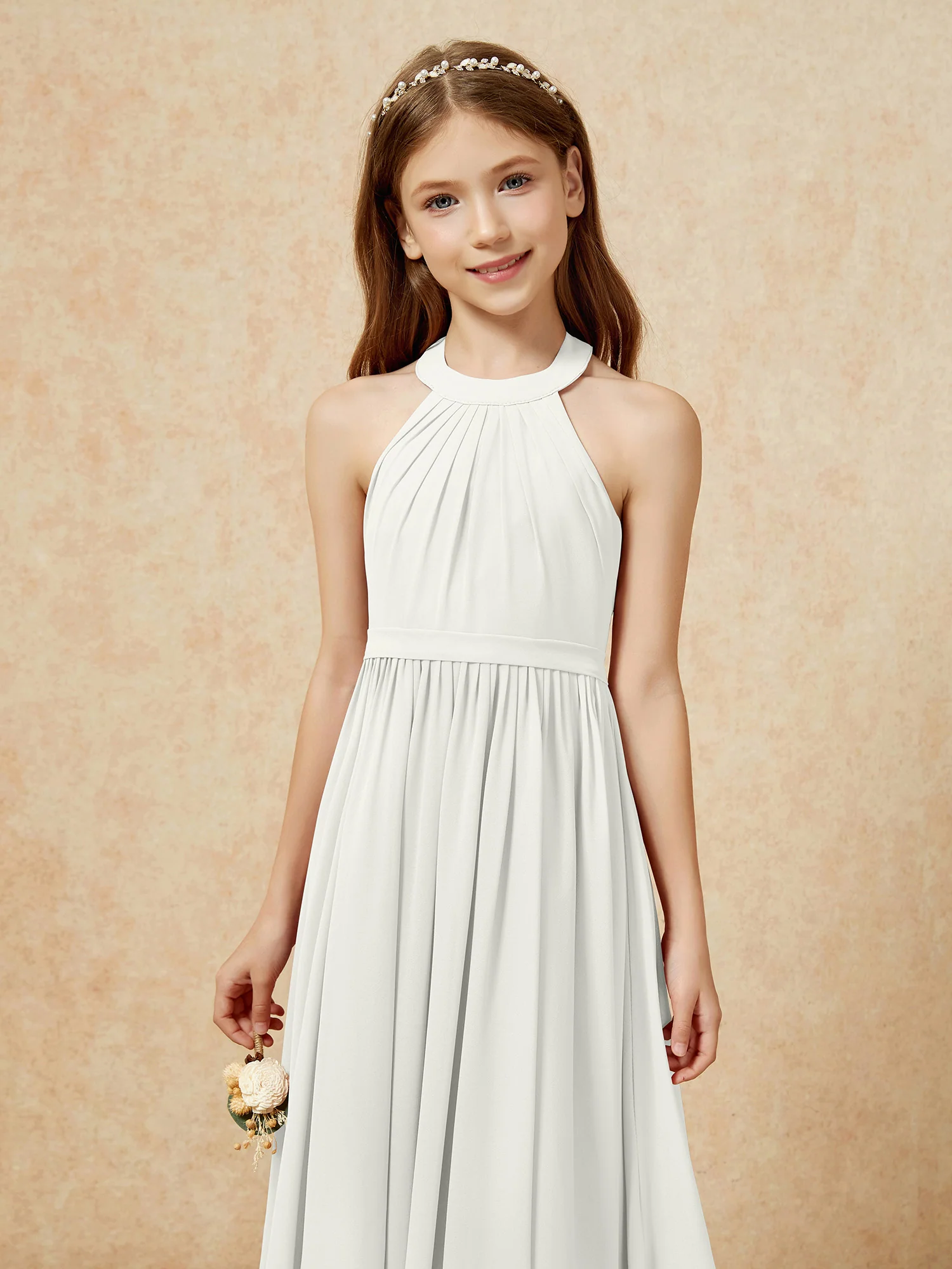 Grecian Neck Knee-length Chiffon Junior Bridesmaid Dress Ivory - Image 6