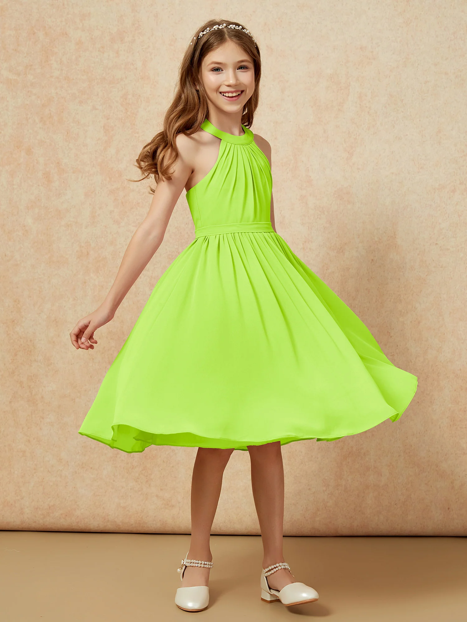 Grecian Neck Knee-length Chiffon Junior Bridesmaid Dress Lime Green - Image 3