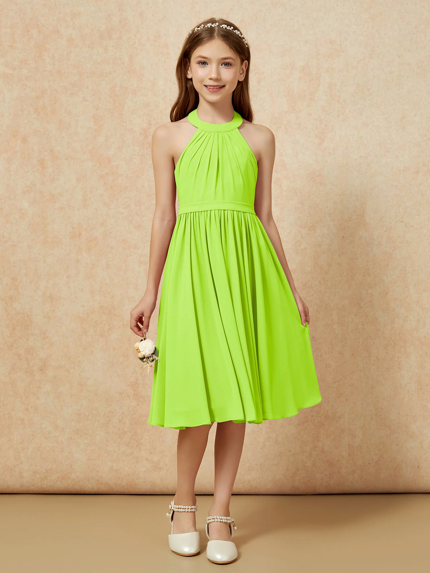 Grecian Neck Knee-length Chiffon Junior Bridesmaid Dress Lime Green - Image 4