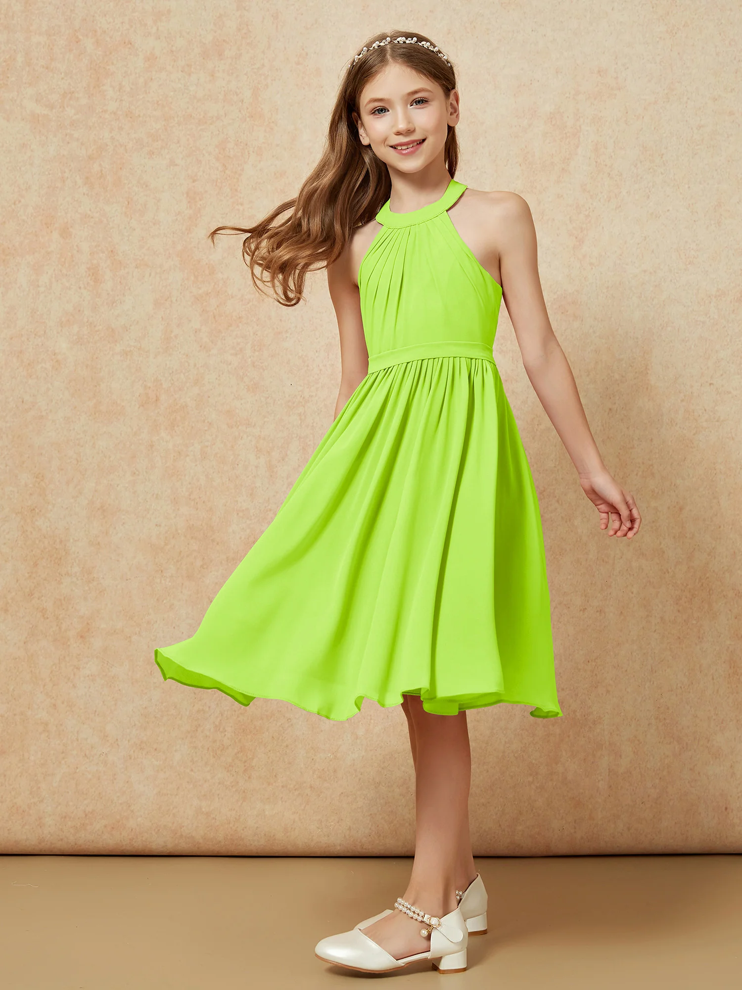 Grecian Neck Knee-length Chiffon Junior Bridesmaid Dress Lime Green - Image 5
