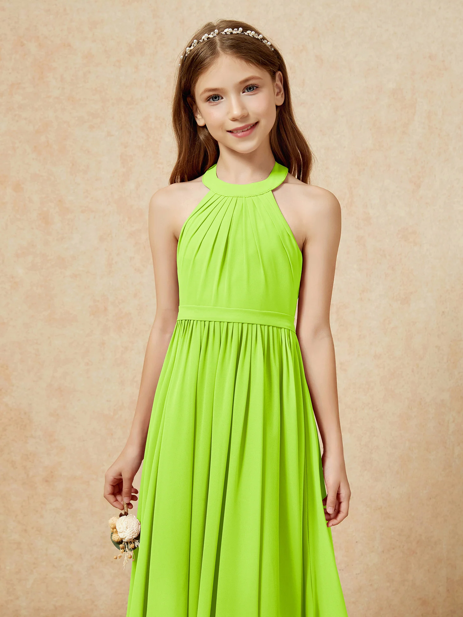 Grecian Neck Knee-length Chiffon Junior Bridesmaid Dress Lime Green - Image 6