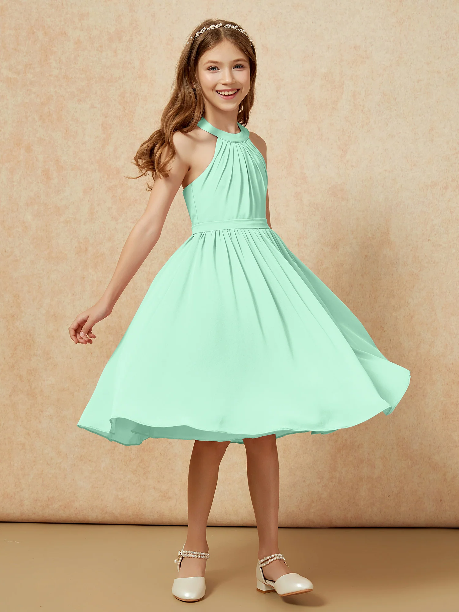 Grecian Neck Knee-length Chiffon Junior Bridesmaid Dress Mint Green - Image 3