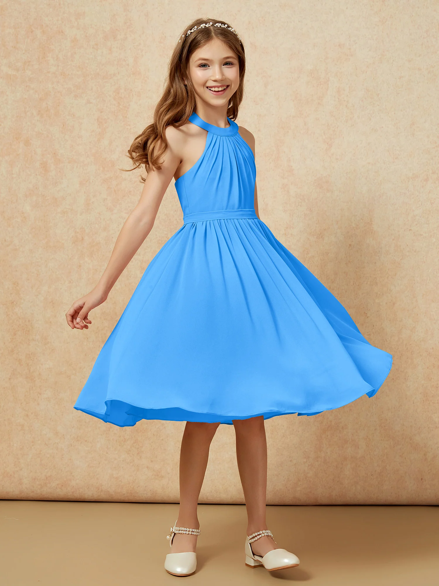 Grecian Neck Knee-length Chiffon Junior Bridesmaid Dress Ocean Blue - Image 3