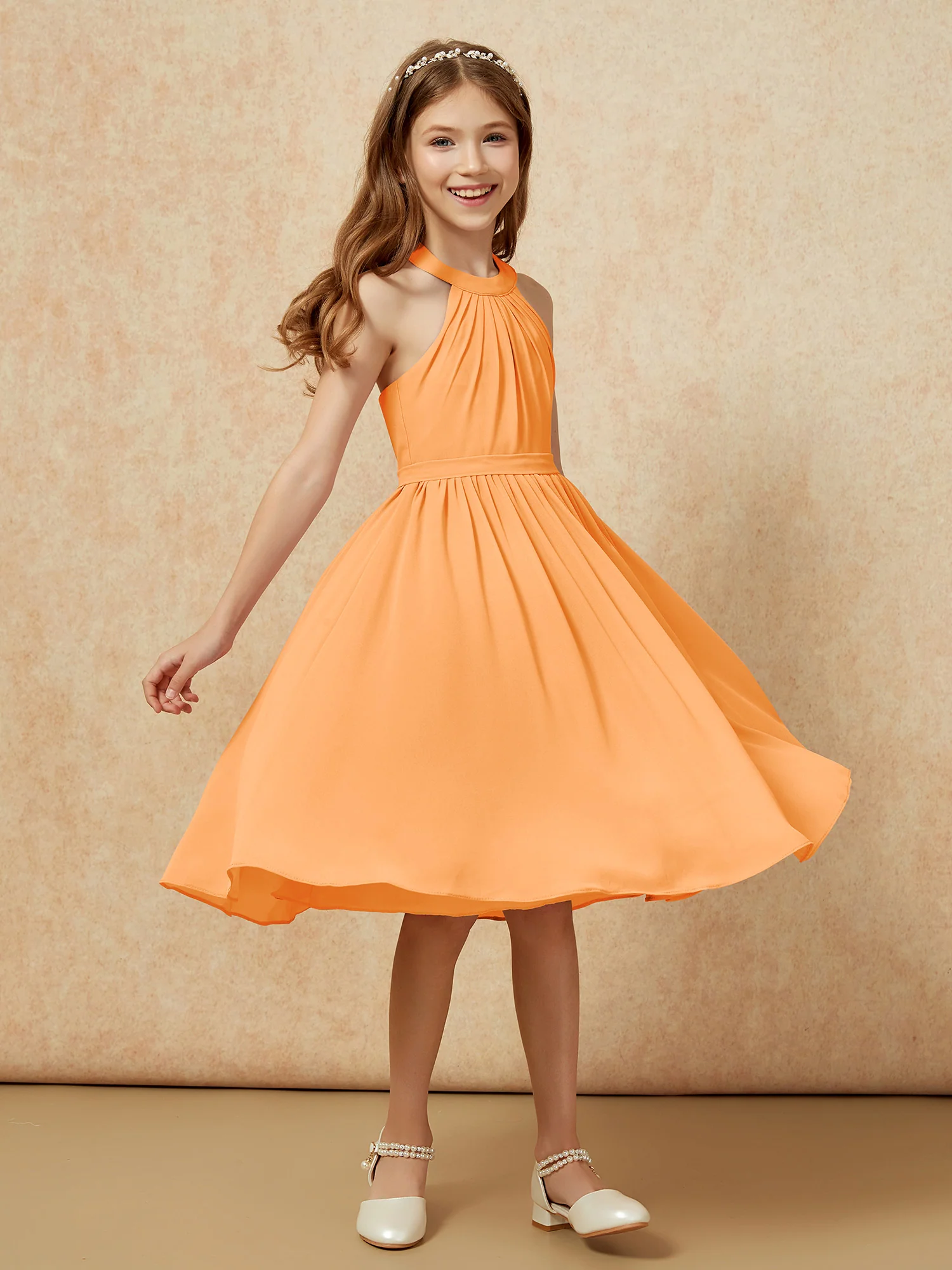 Grecian Neck Knee-length Chiffon Junior Bridesmaid Dress Orange - Image 3