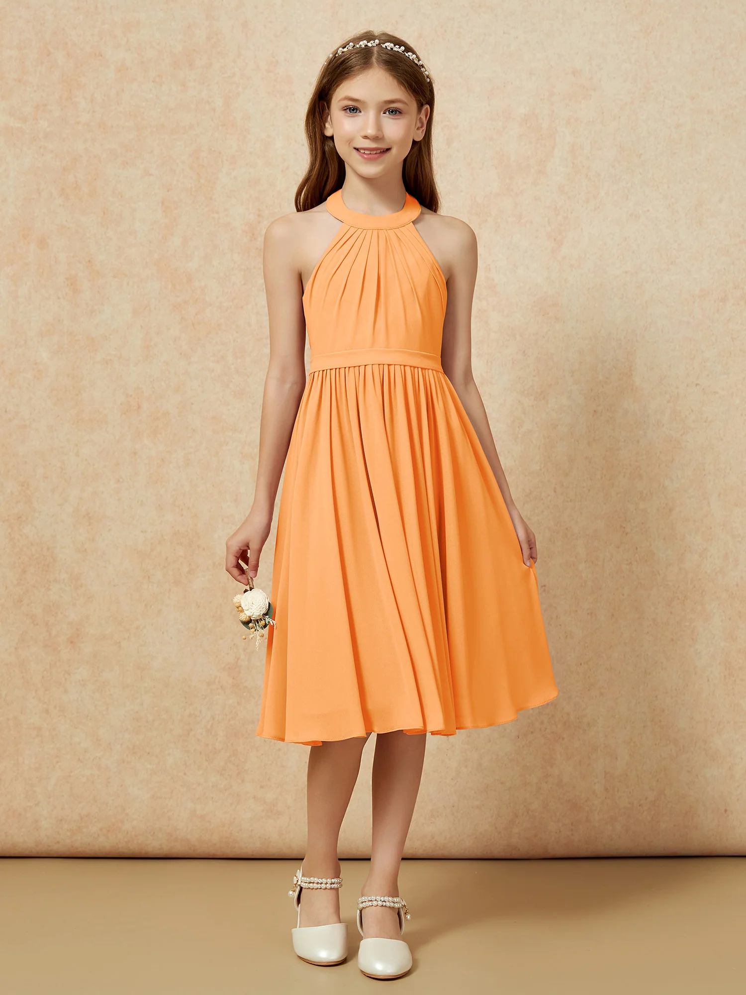 Grecian Neck Knee-length Chiffon Junior Bridesmaid Dress Orange - Image 4