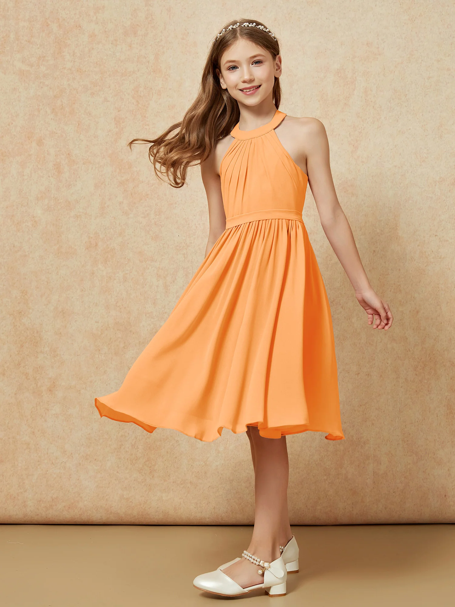 Grecian Neck Knee-length Chiffon Junior Bridesmaid Dress Orange - Image 5
