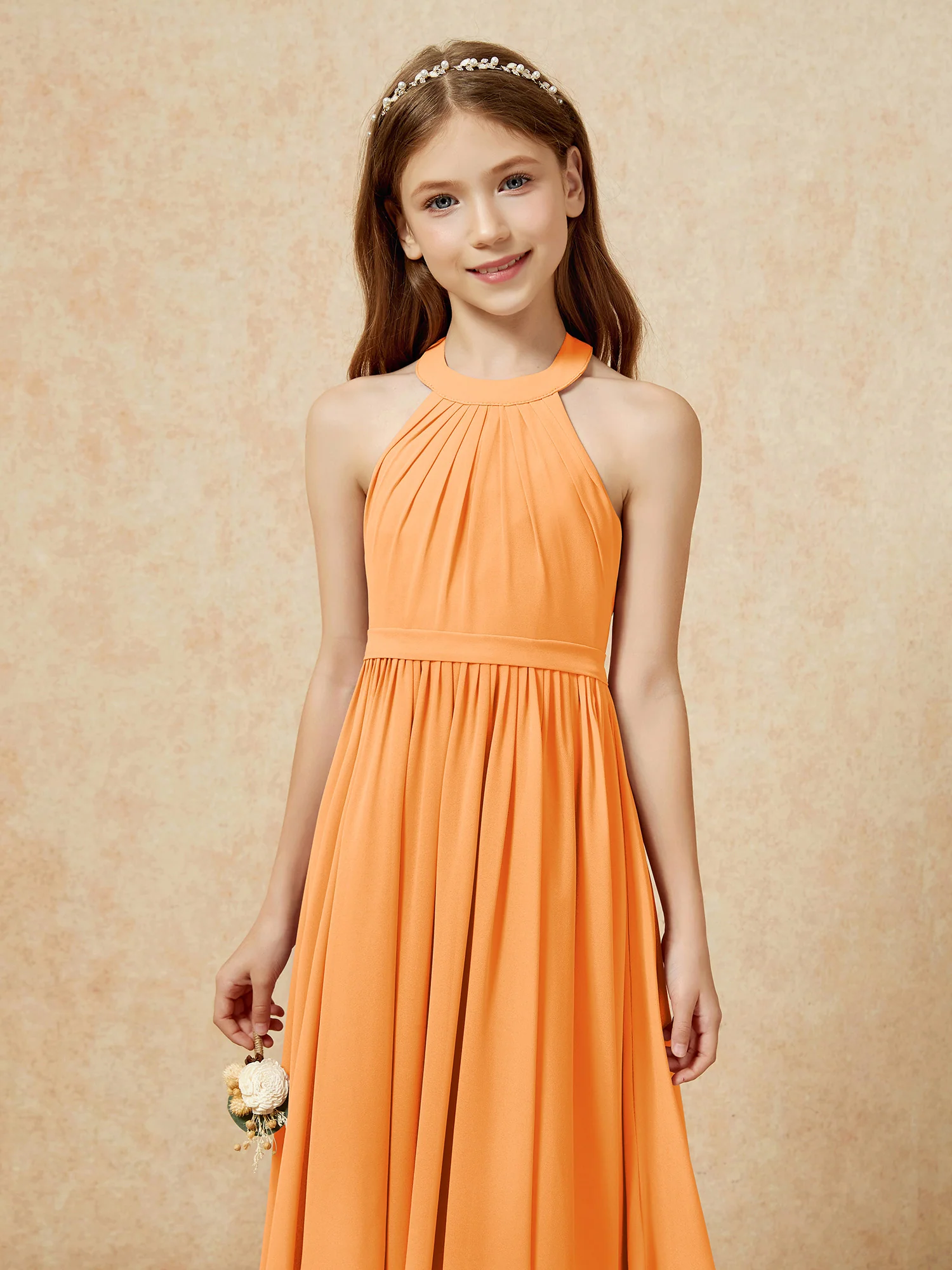 Grecian Neck Knee-length Chiffon Junior Bridesmaid Dress Orange - Image 6