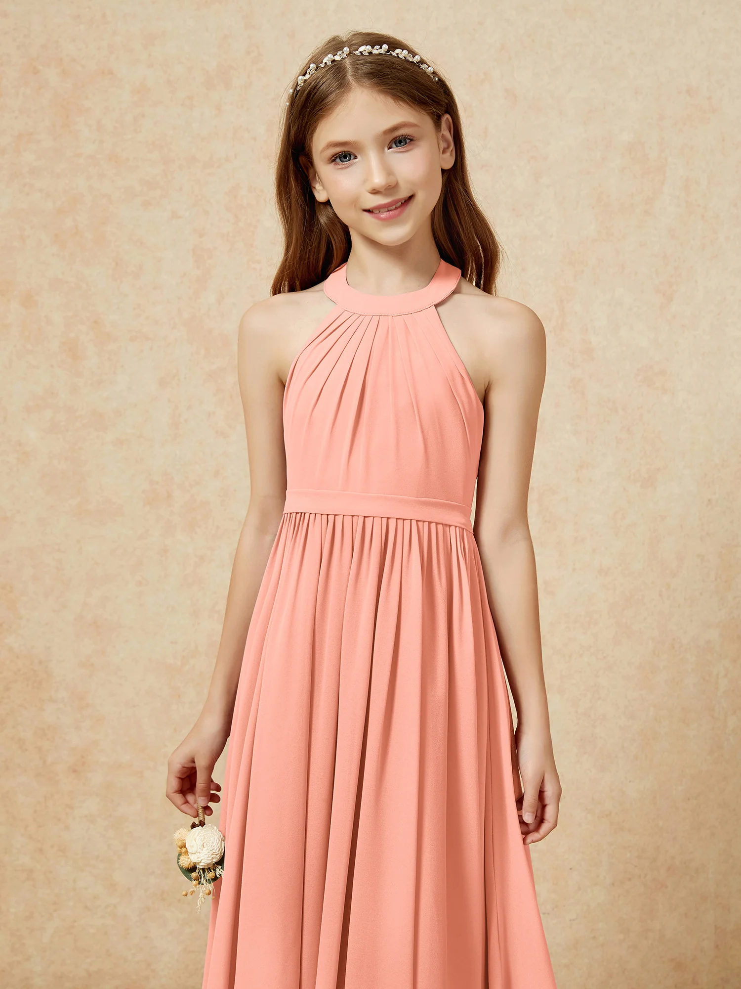 Grecian Neck Knee-length Chiffon Junior Bridesmaid Dress Papaya - Image 6