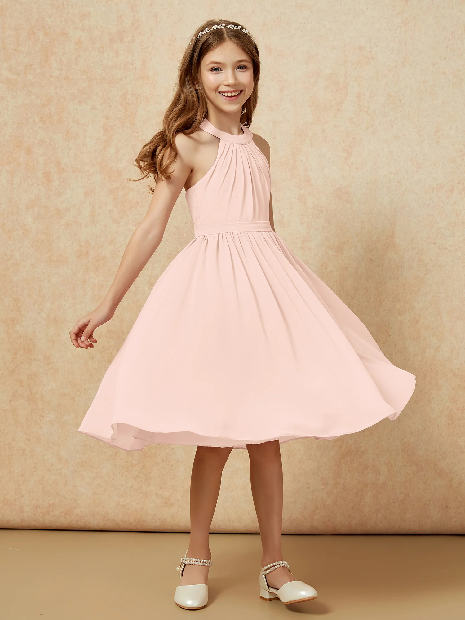 Grecian Neck Knee-length Chiffon Junior Bridesmaid Dress Pearl Pink - Image 3