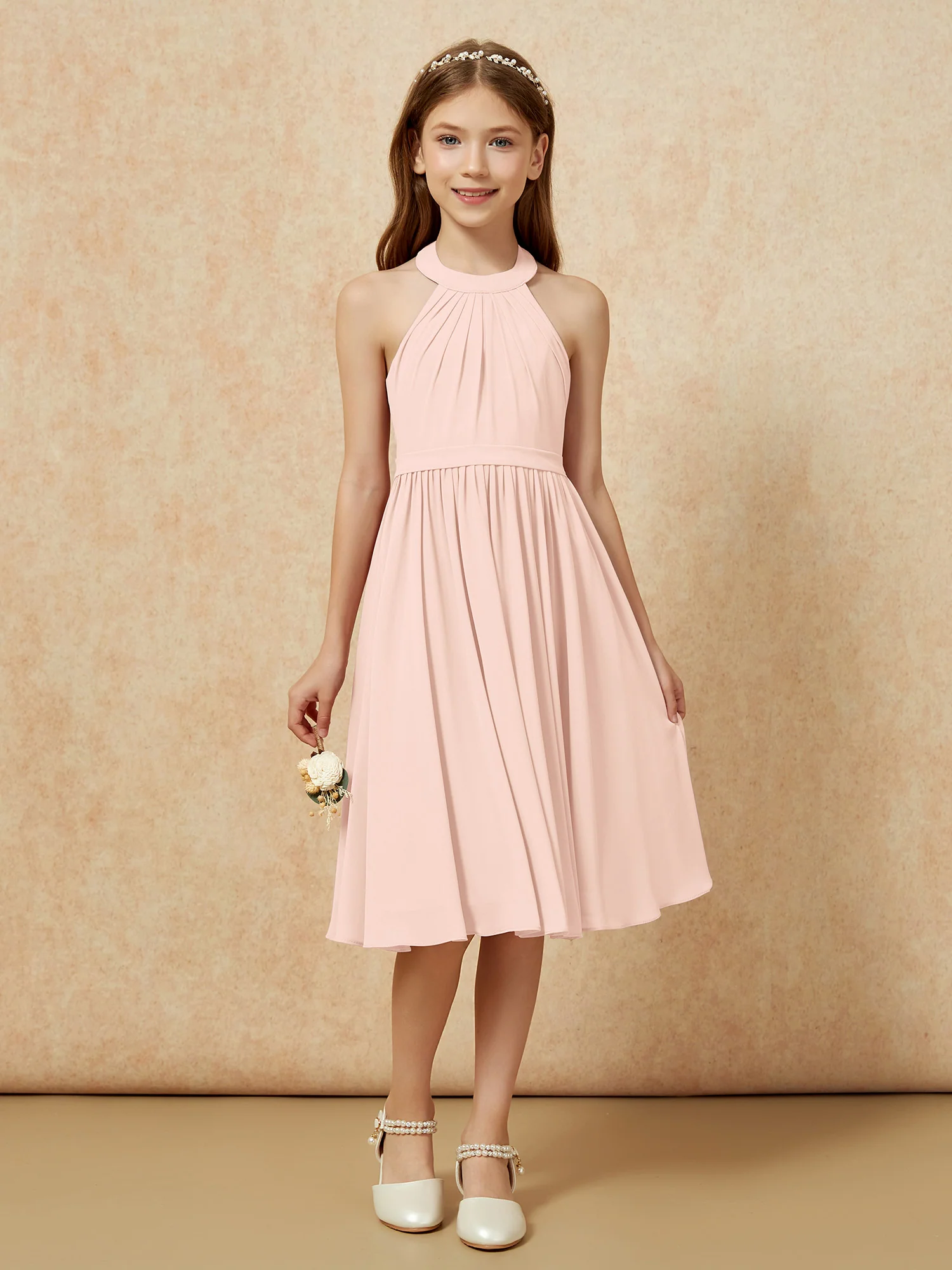 Grecian Neck Knee-length Chiffon Junior Bridesmaid Dress Pearl Pink - Image 4