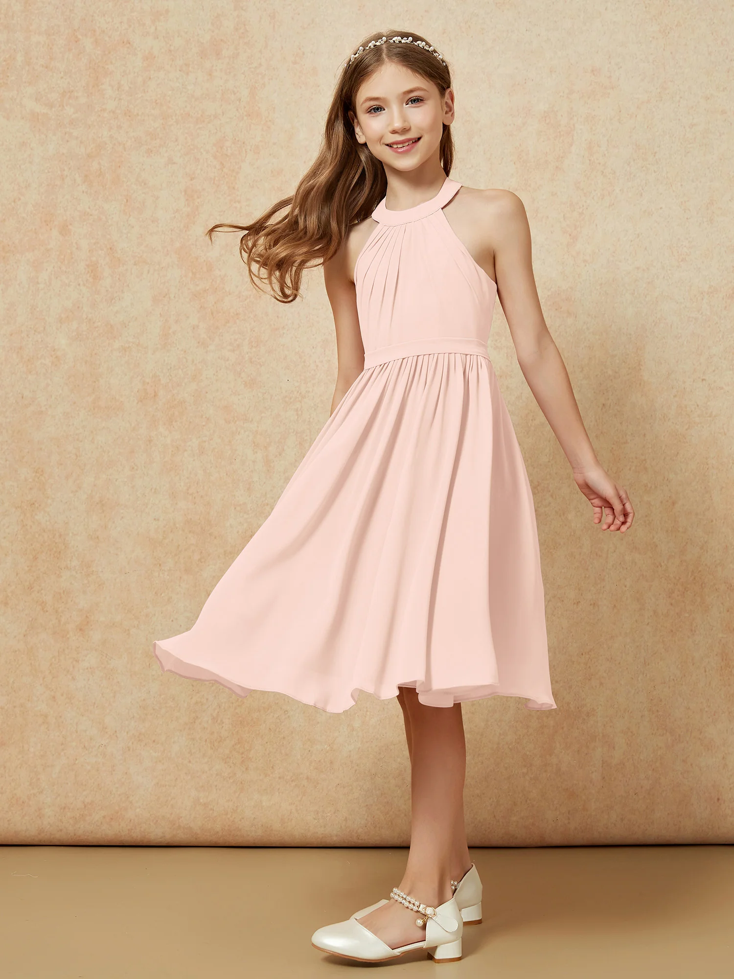 Grecian Neck Knee-length Chiffon Junior Bridesmaid Dress Pearl Pink - Image 5