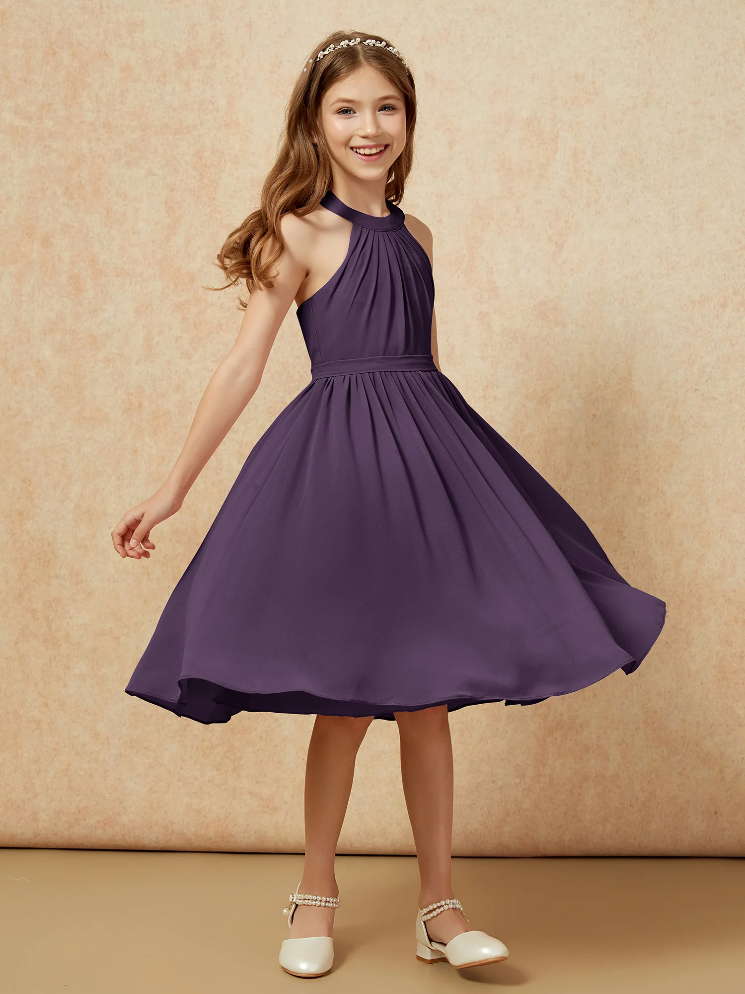 Grecian Neck Knee-length Chiffon Junior Bridesmaid Dress Plum - Image 3