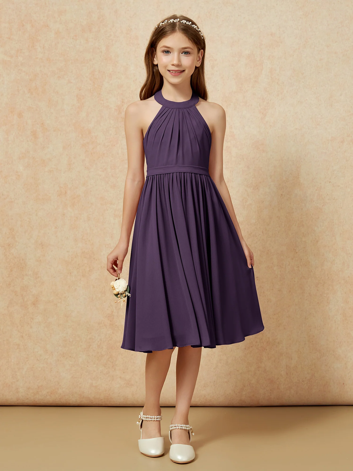 Grecian Neck Knee-length Chiffon Junior Bridesmaid Dress Plum - Image 4