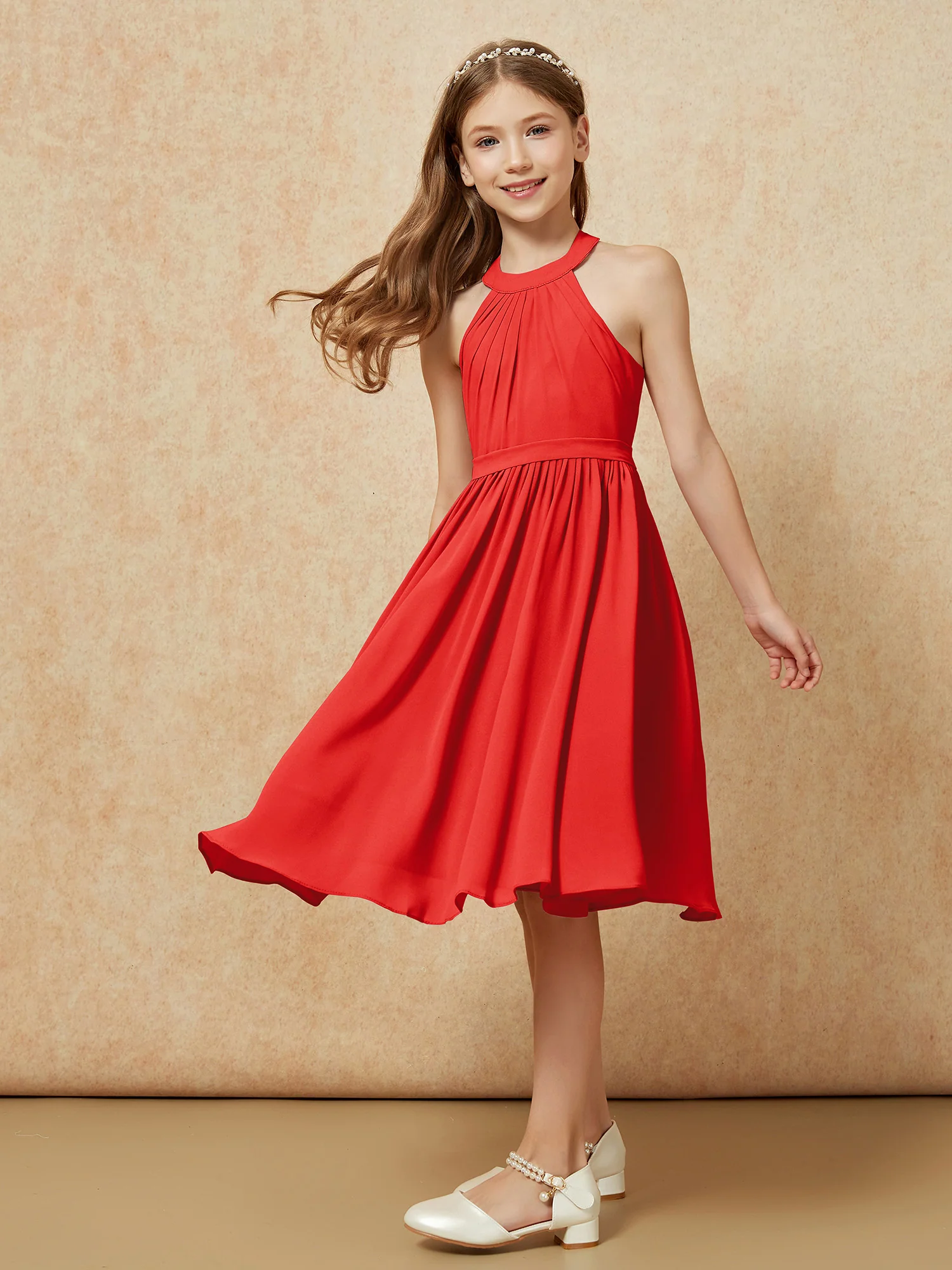 Grecian Neck Knee-length Chiffon Junior Bridesmaid Dress Red - Image 5
