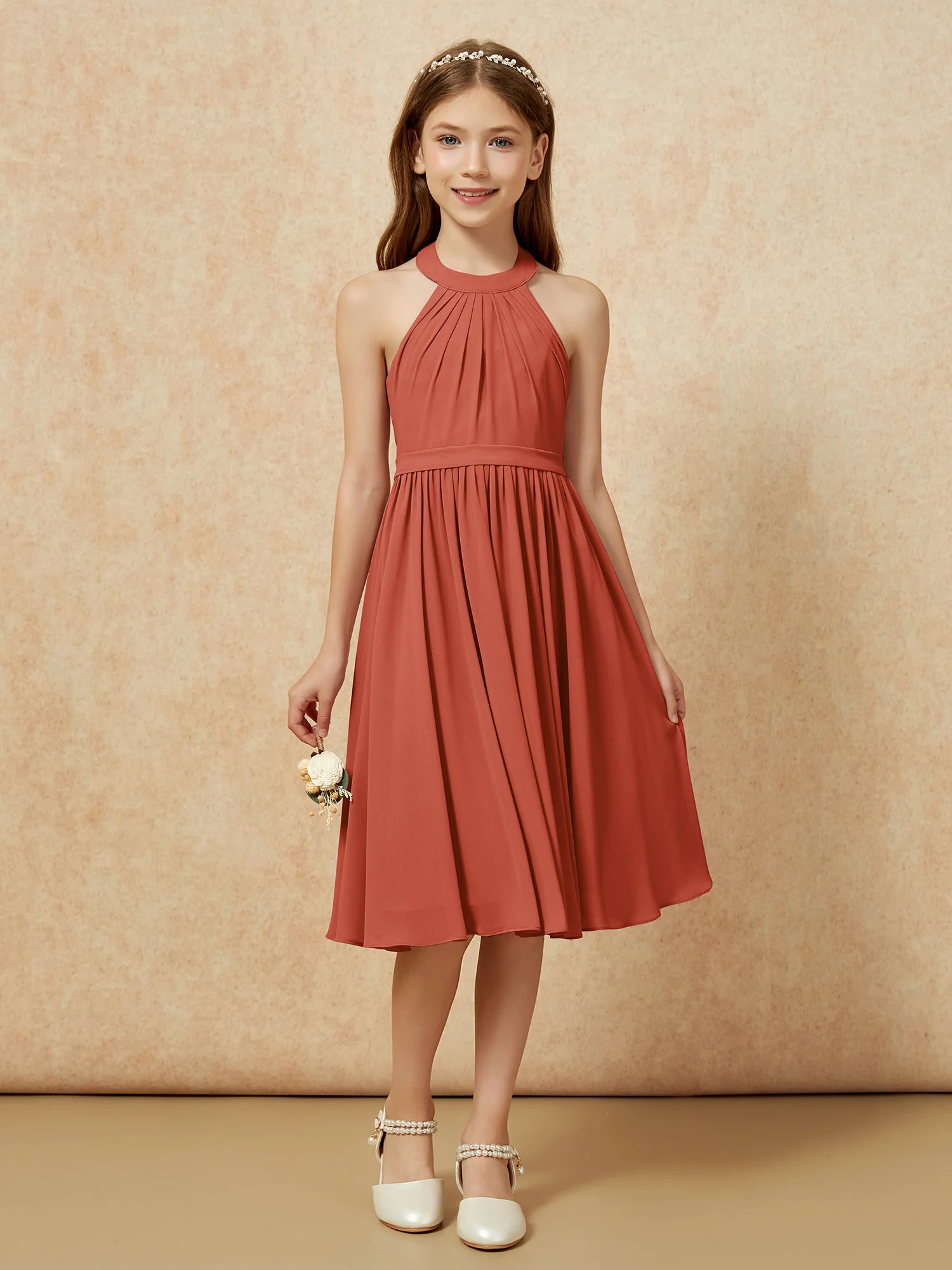 Grecian Neck Knee-length Chiffon Junior Bridesmaid Dress Rust - Image 4