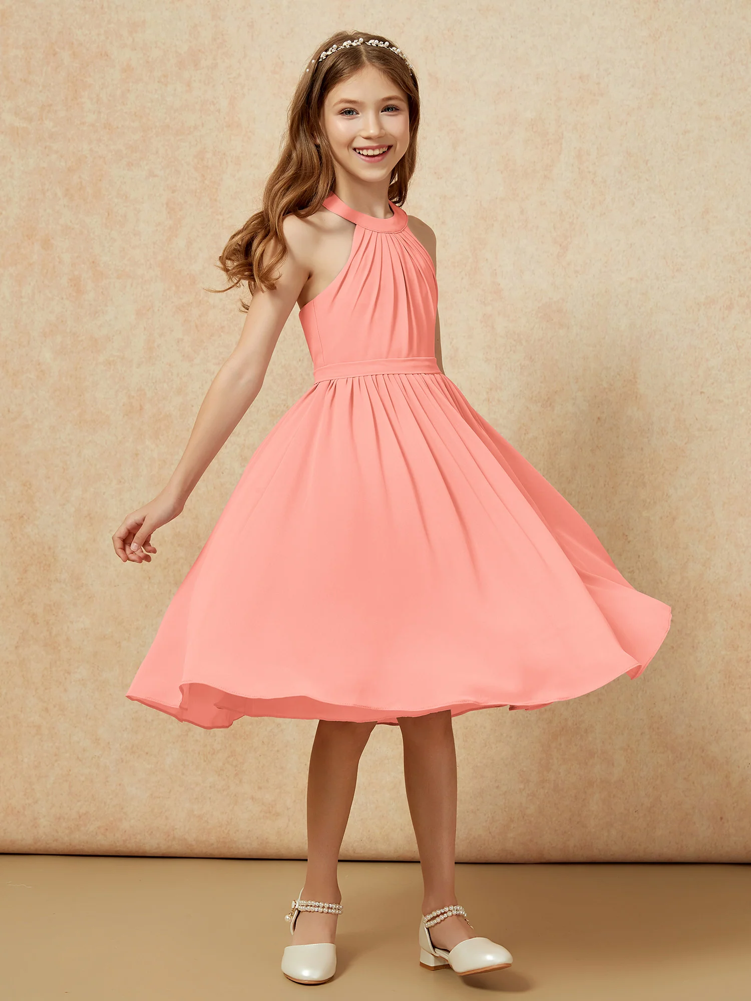 Grecian Neck Knee-length Chiffon Junior Bridesmaid Dress Sunset - Image 3