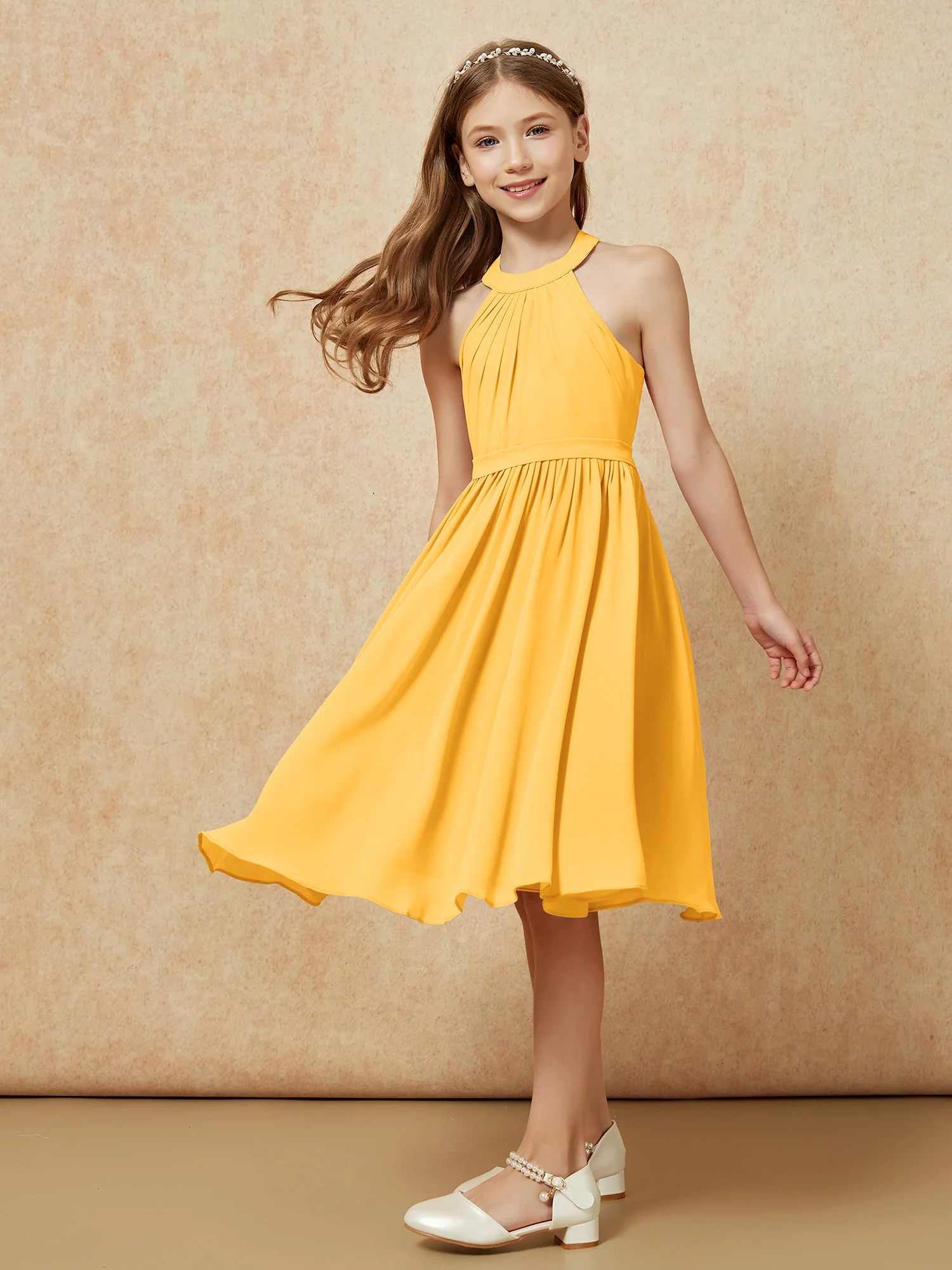 Grecian Neck Knee-length Chiffon Junior Bridesmaid Dress Tangerine - Image 5
