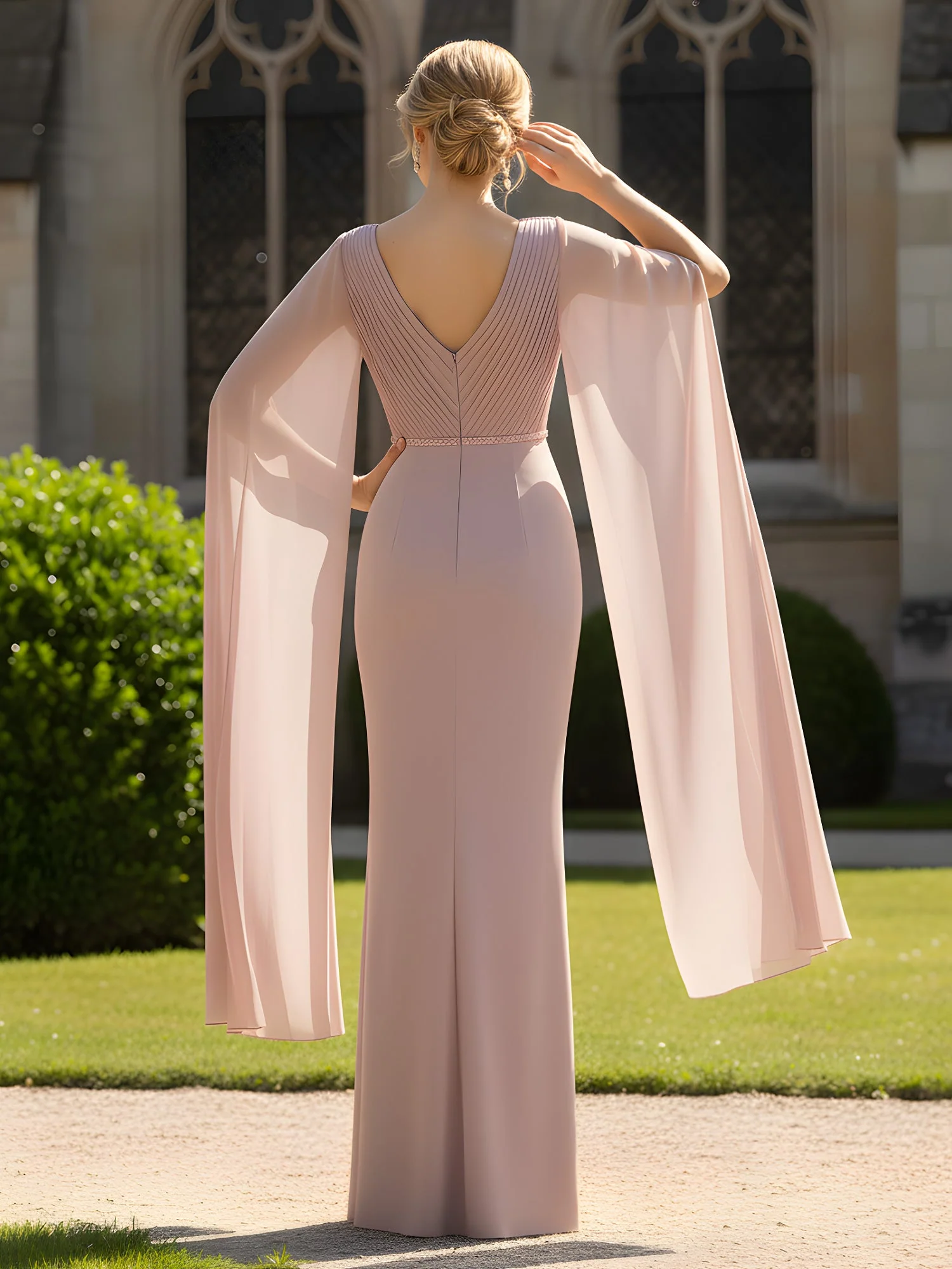 Pleated V-Neck Gown with Dramatic Long Cape Sleeves Dusty Blue - Image 2