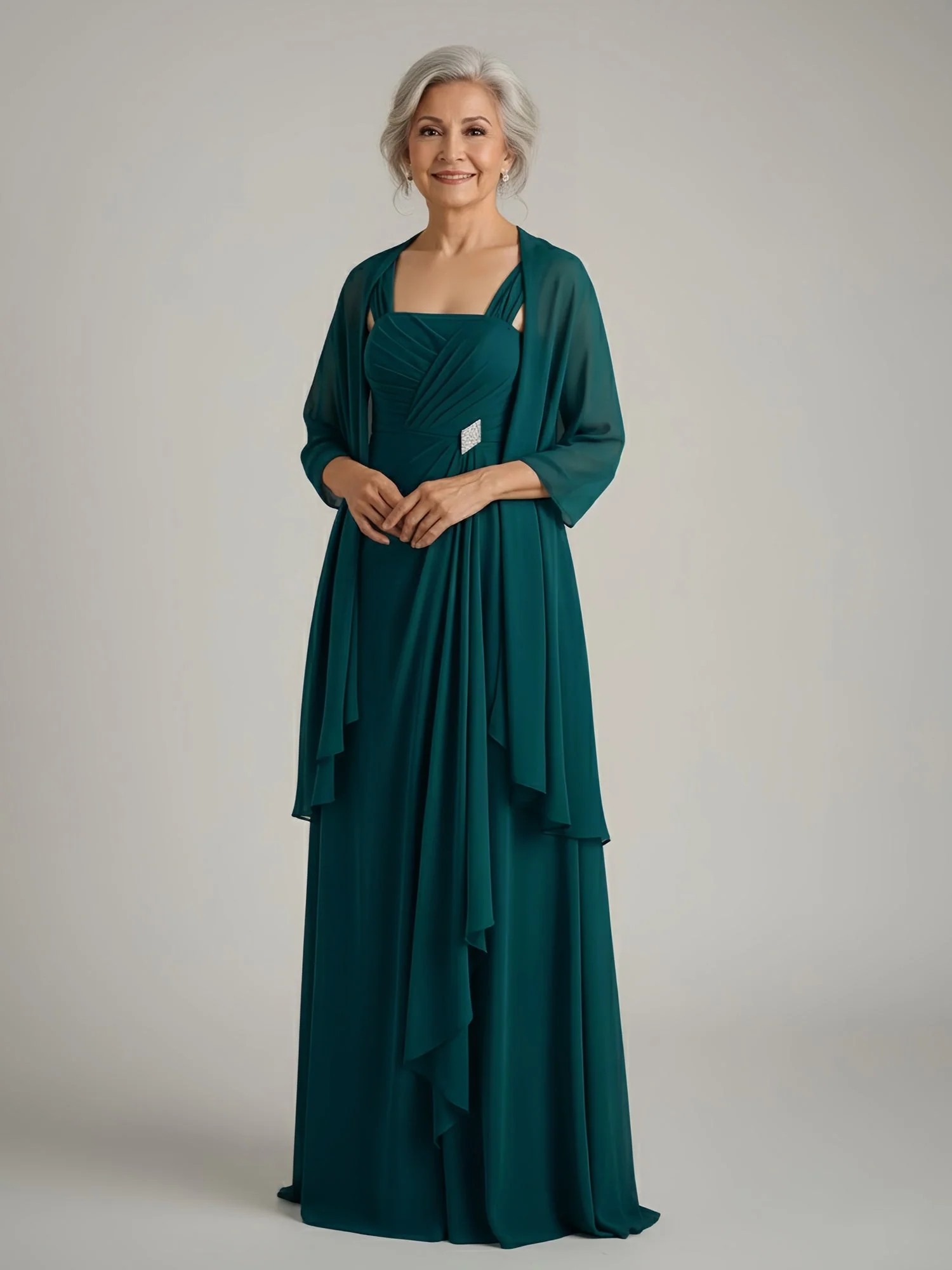 Ruched Bodice Chiffon Gown with Coordinating Shawl Dusk