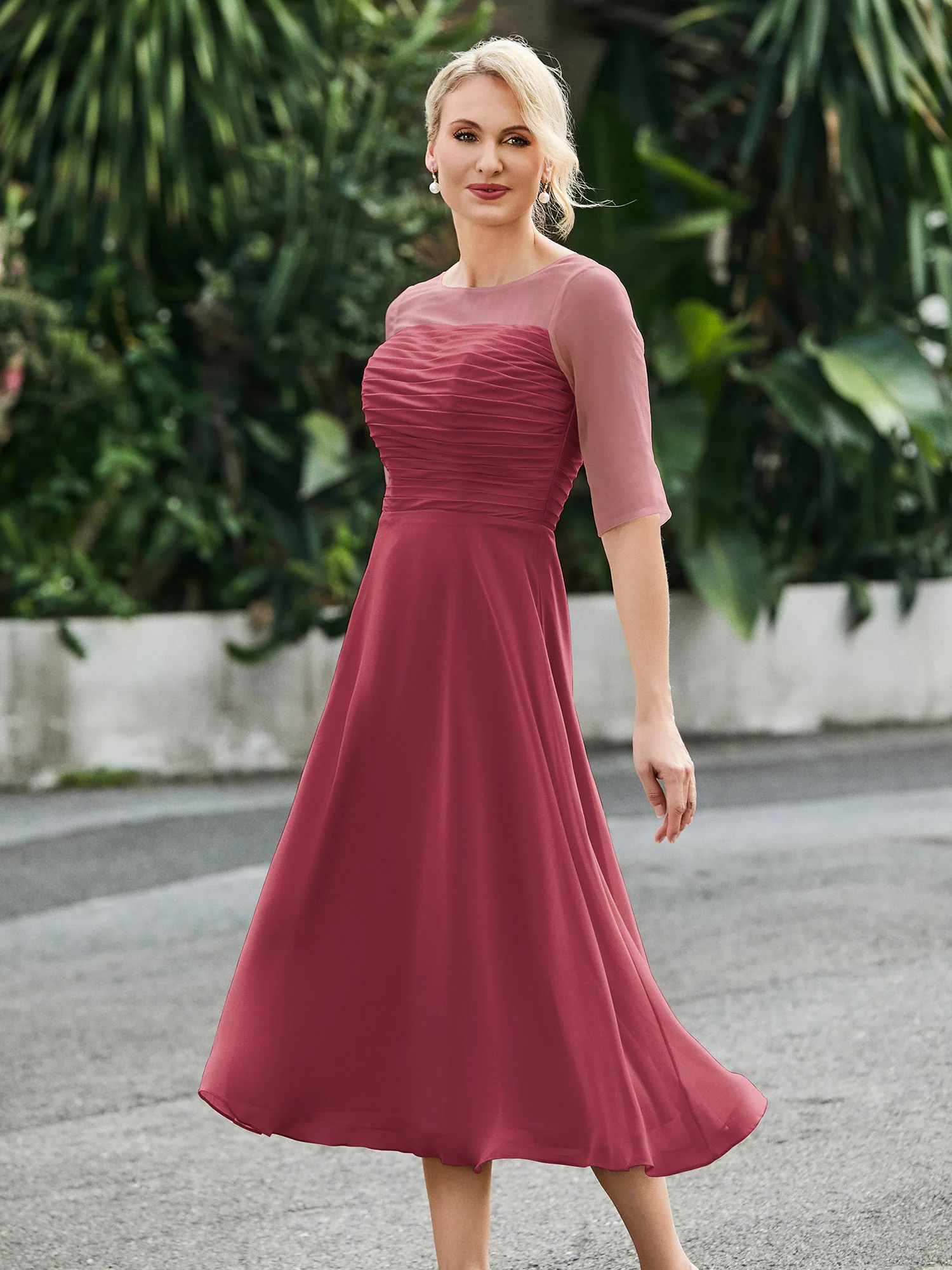 Half Sleeve A-line Tea-length Chiffon Dress Cinnamon Rose
