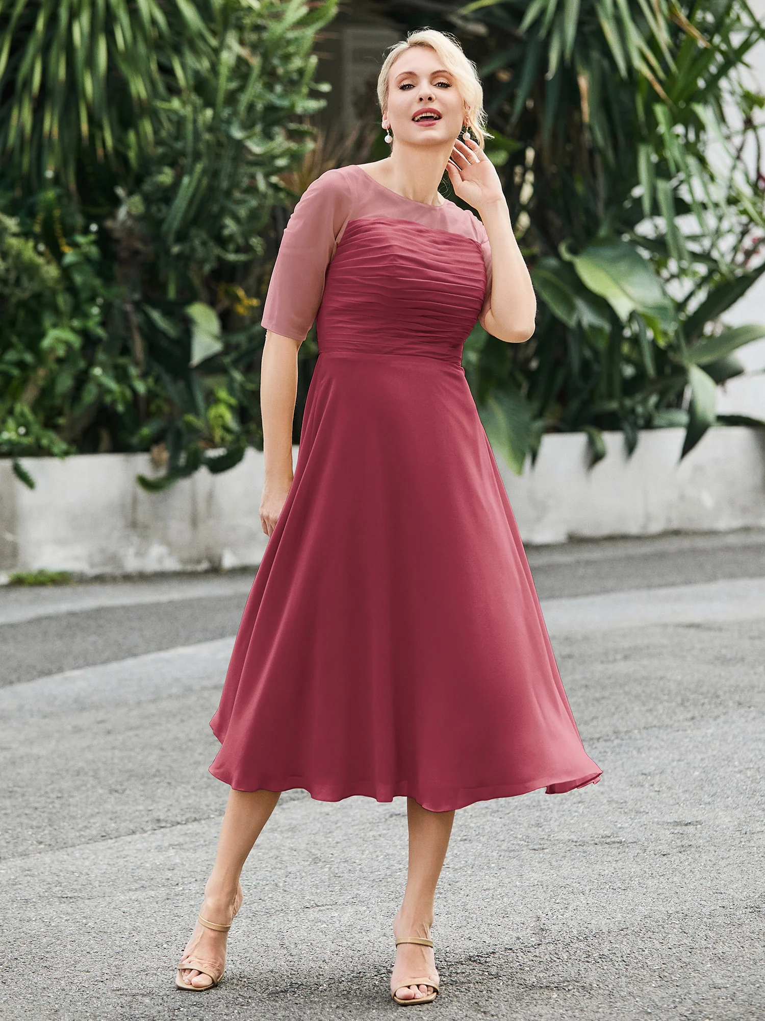 Half Sleeve A-line Tea-length Chiffon Dress Cinnamon Rose - Image 3