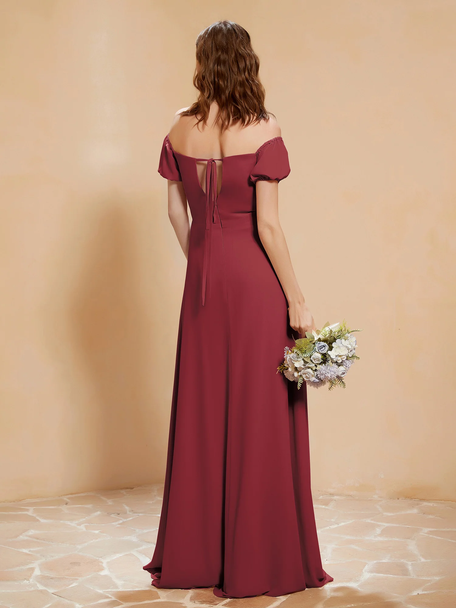 Half Sleeve Backless A-line Chiffon Dress Cinnamon Rose - Image 2