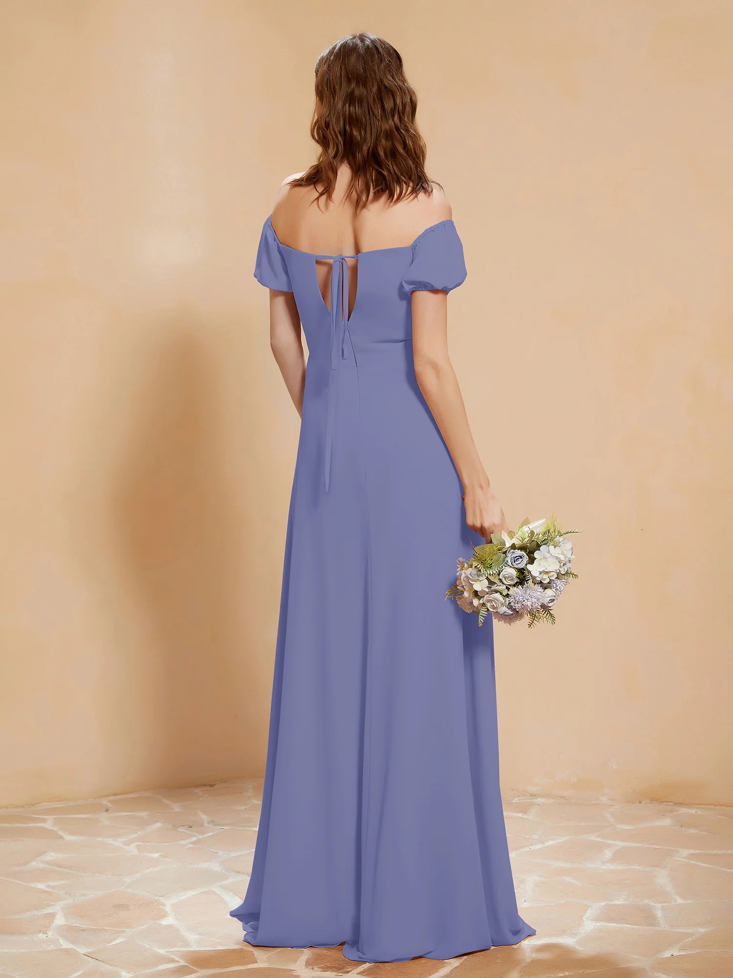 Half Sleeve Backless A-line Chiffon Dress Periwinkle Plus Size - Image 2