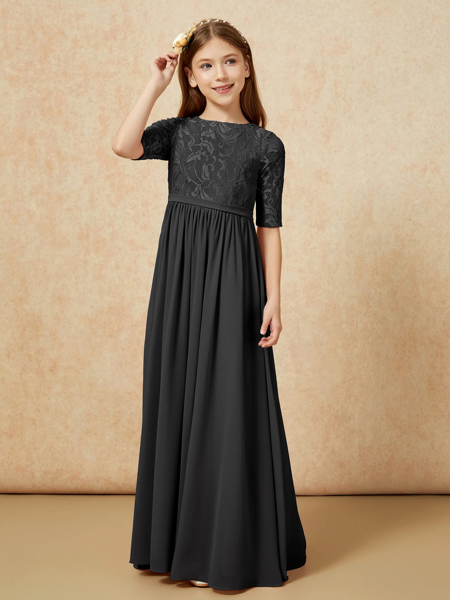 Half Sleeve Lace Top Chiffon Junior Bridesmaid Dresses Black - Image 5