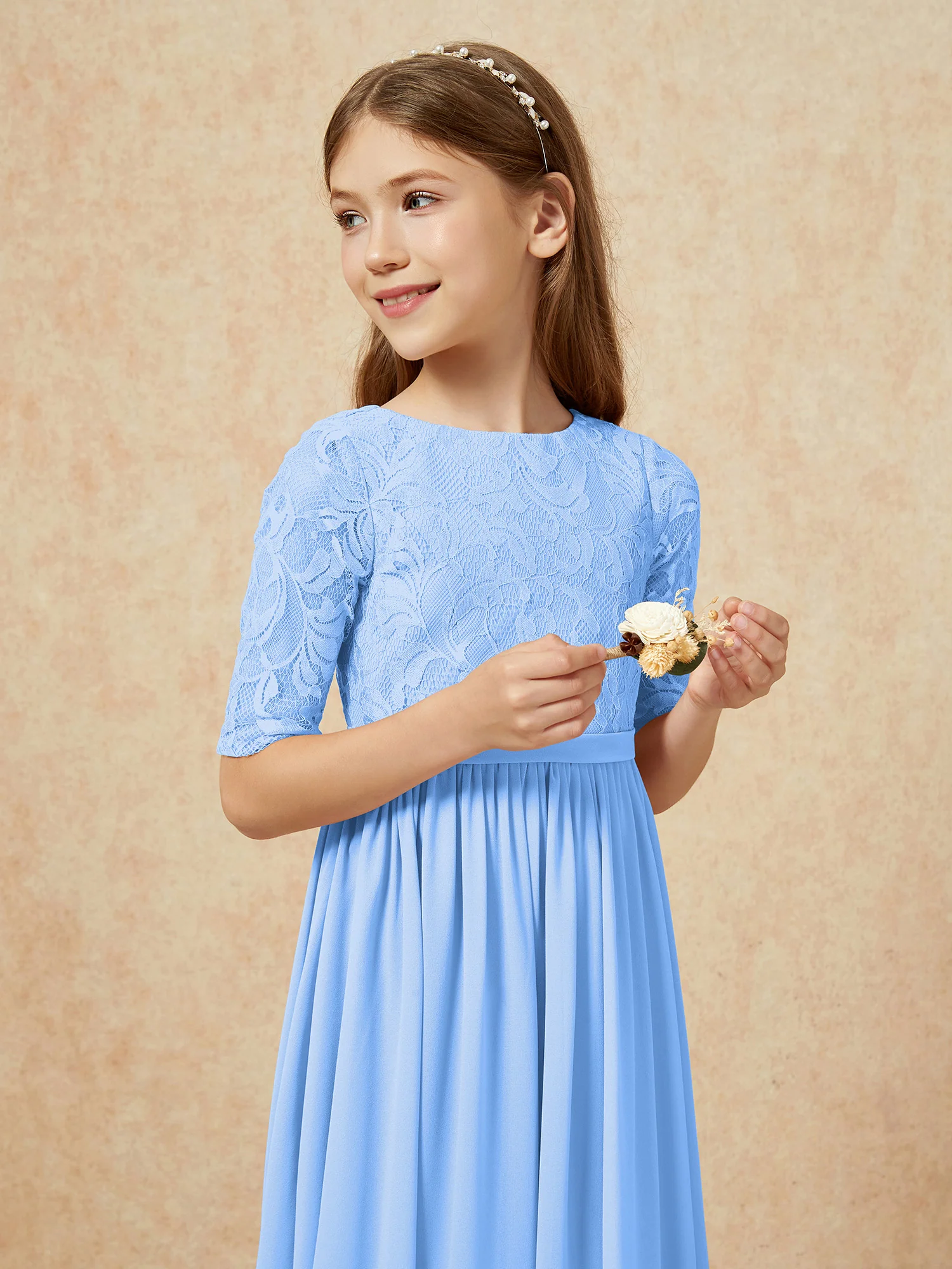 Half Sleeve Lace Top Chiffon Junior Bridesmaid Dresses Blue - Image 6