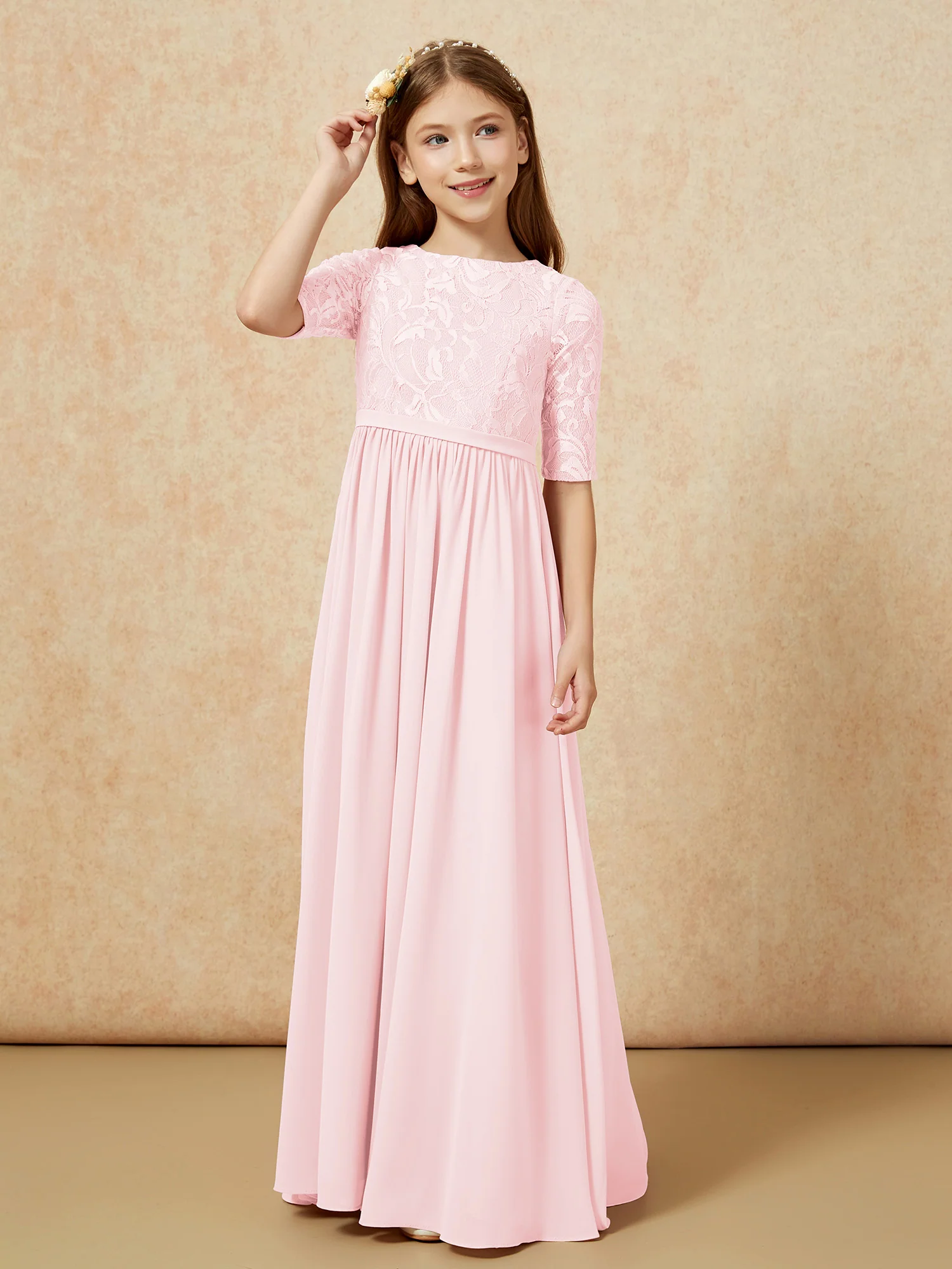 Half Sleeve Lace Top Chiffon Junior Bridesmaid Dresses Blushing Pink - Image 5