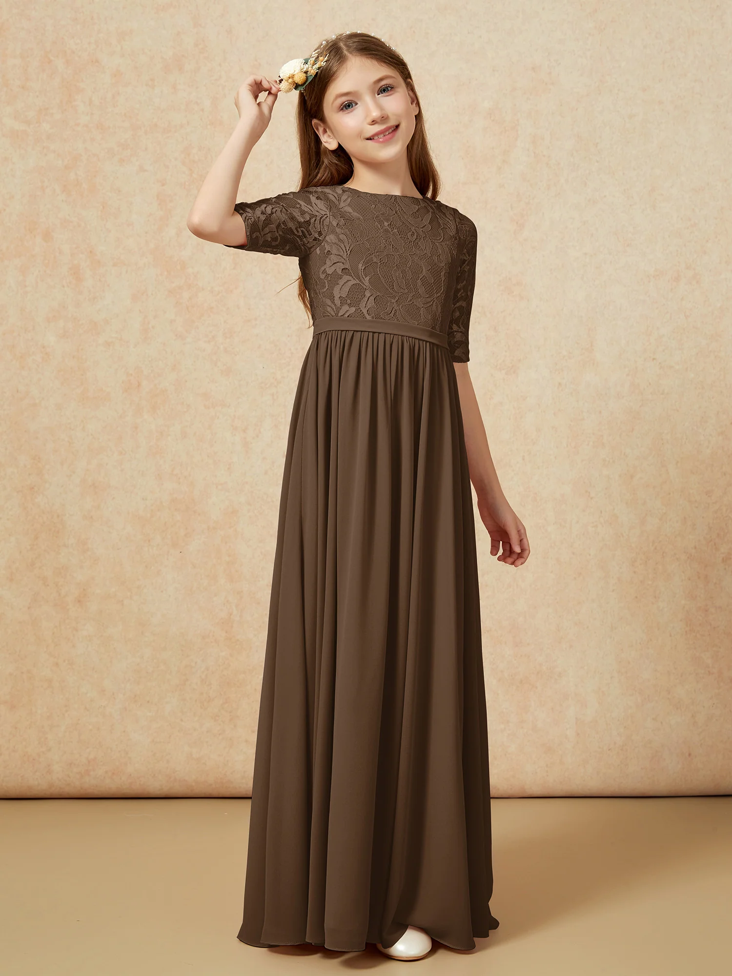 Half Sleeve Lace Top Chiffon Junior Bridesmaid Dresses Brown - Image 3