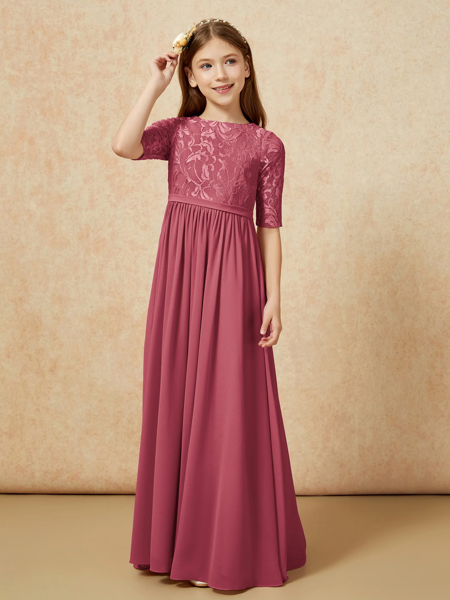 Half Sleeve Lace Top Chiffon Junior Bridesmaid Dresses Cinnamon Rose - Image 5