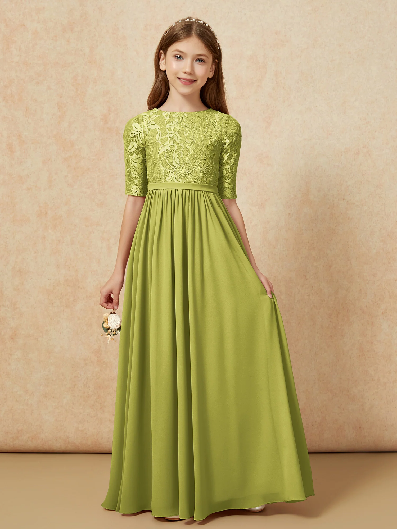 Half Sleeve Lace Top Chiffon Junior Bridesmaid Dresses Clover
