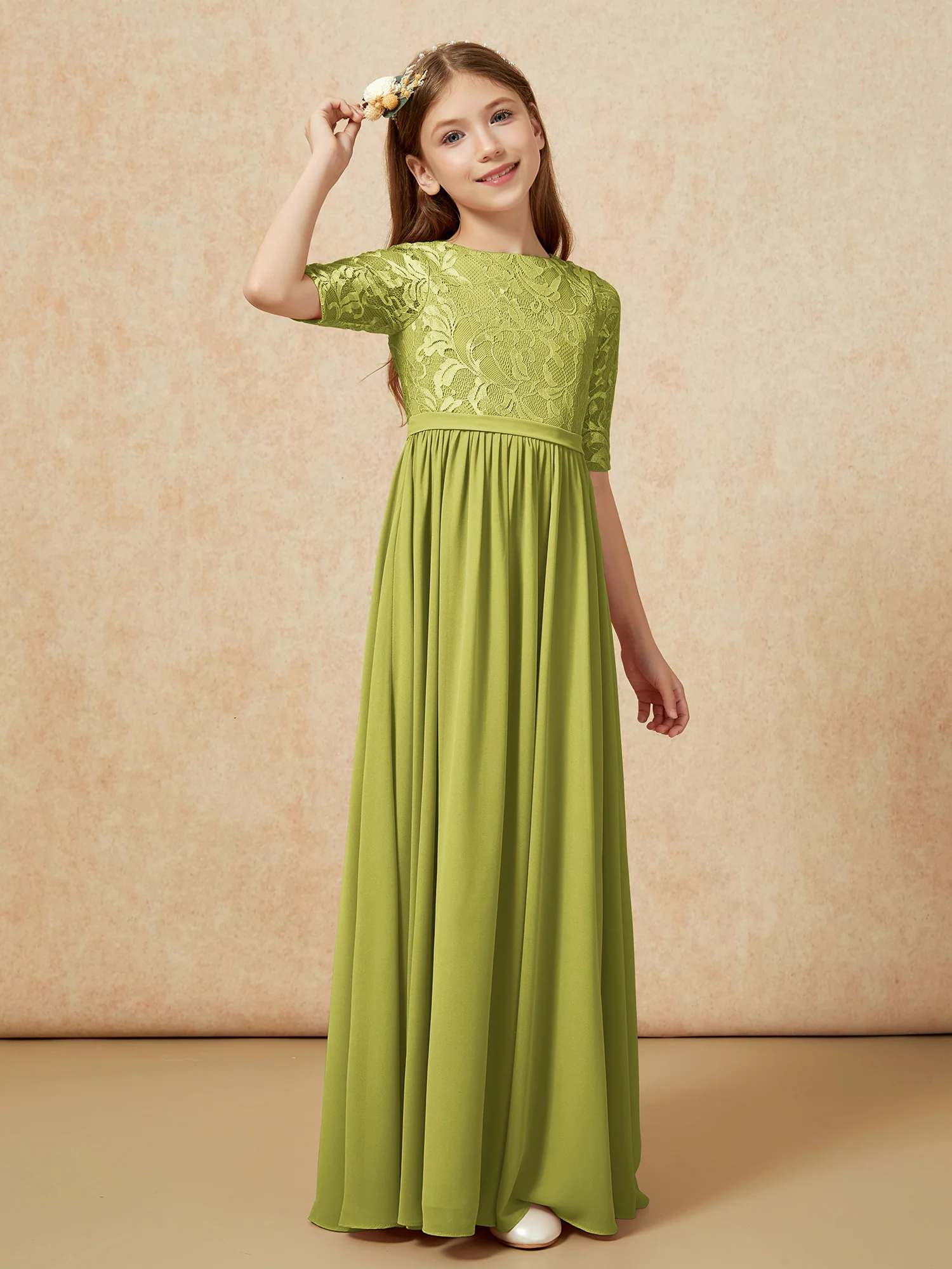 Half Sleeve Lace Top Chiffon Junior Bridesmaid Dresses Clover - Image 3
