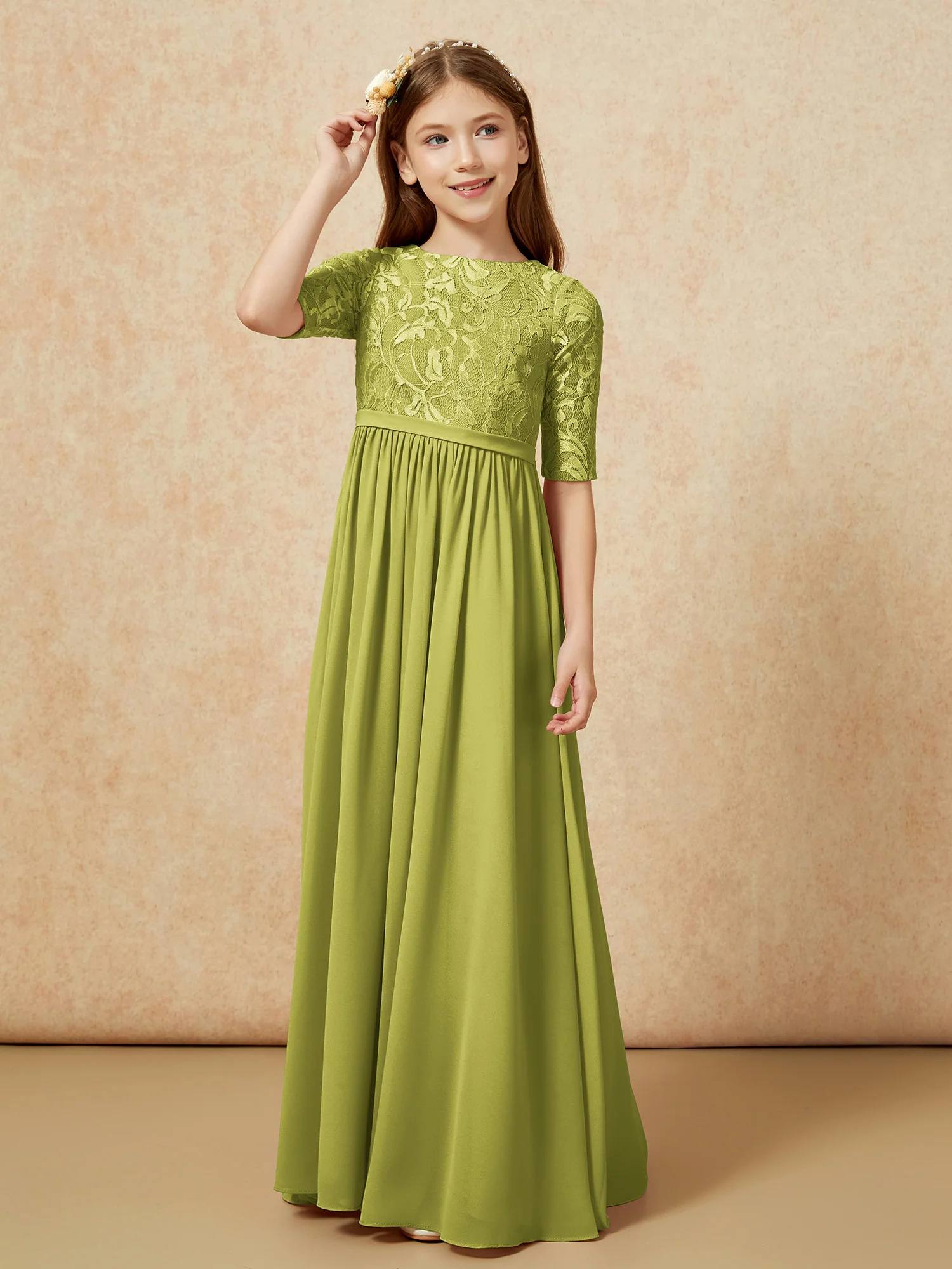 Half Sleeve Lace Top Chiffon Junior Bridesmaid Dresses Clover - Image 5