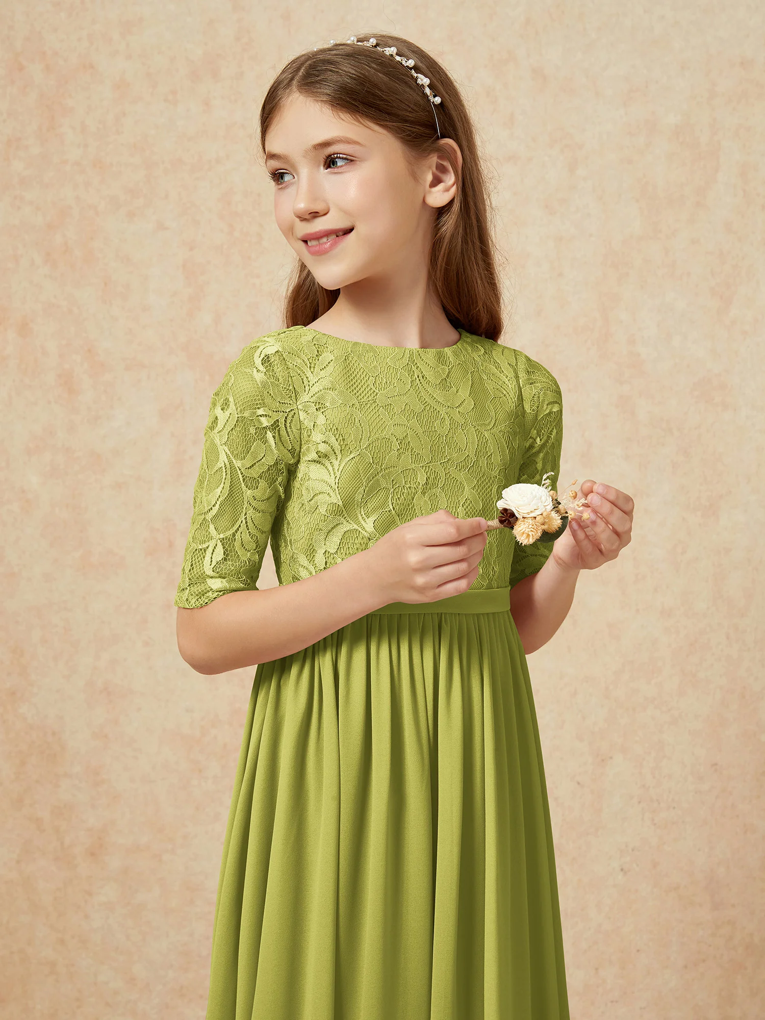 Half Sleeve Lace Top Chiffon Junior Bridesmaid Dresses Clover - Image 6