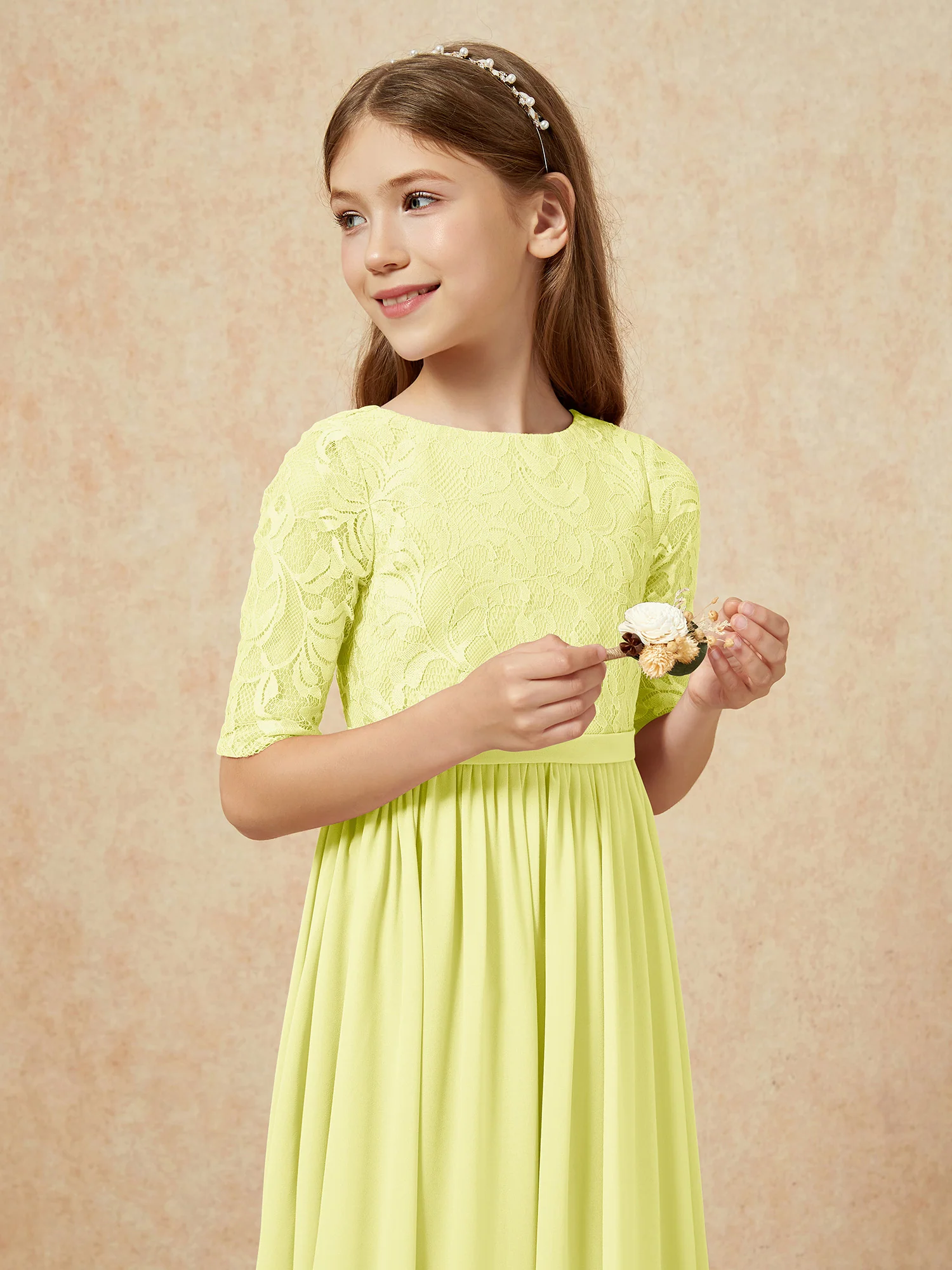Half Sleeve Lace Top Chiffon Junior Bridesmaid Dresses Daffodil - Image 6