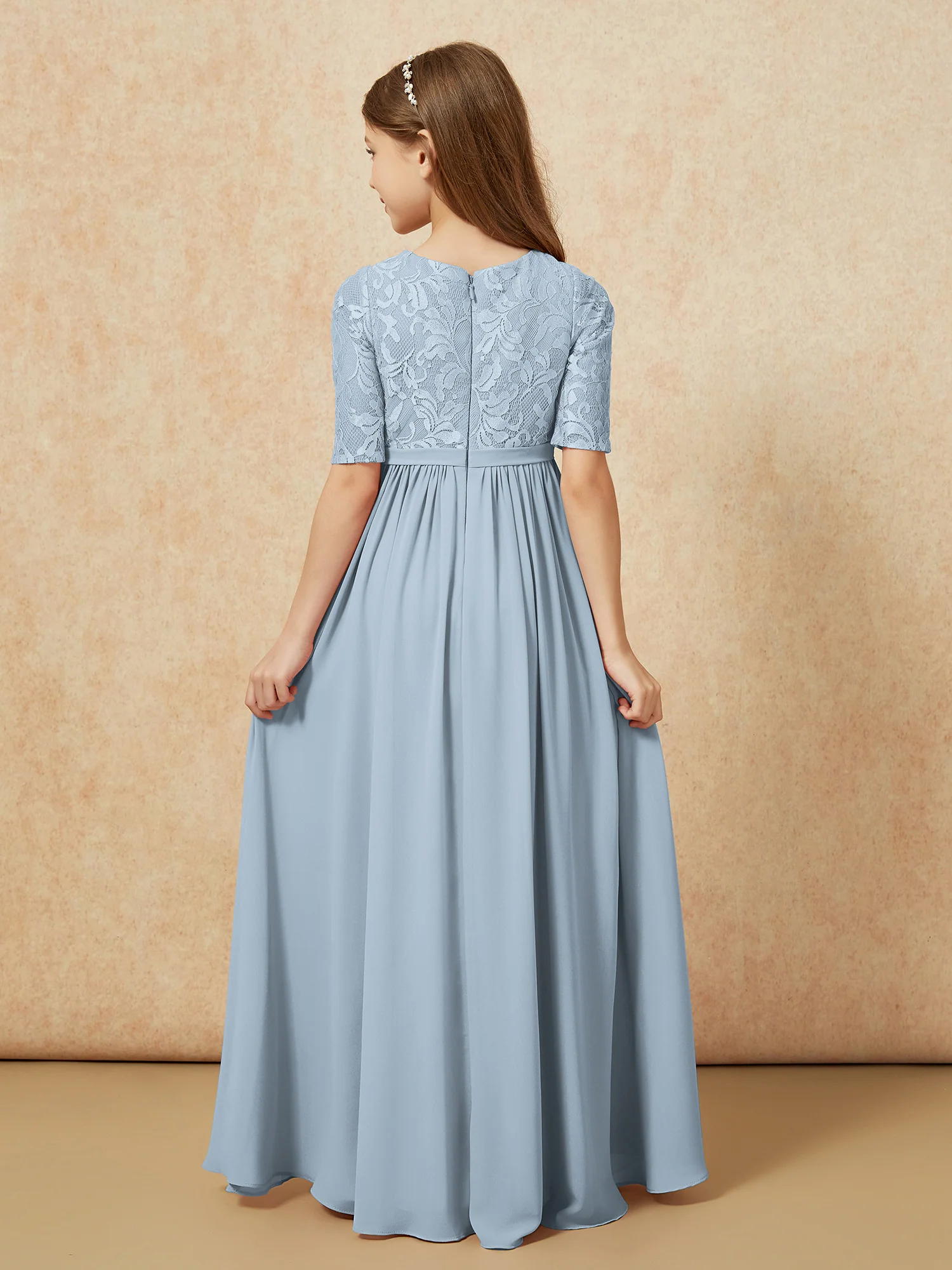 Half Sleeve Lace Top Chiffon Junior Bridesmaid Dresses Dusty Blue - Image 2