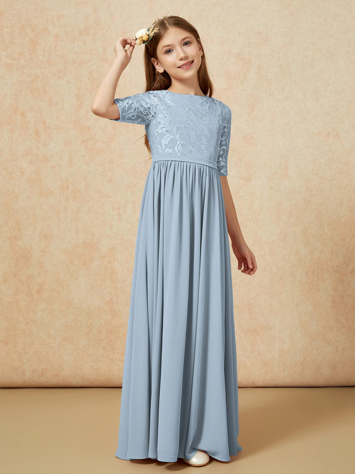 Half Sleeve Lace Top Chiffon Junior Bridesmaid Dresses Dusty Blue - Image 3