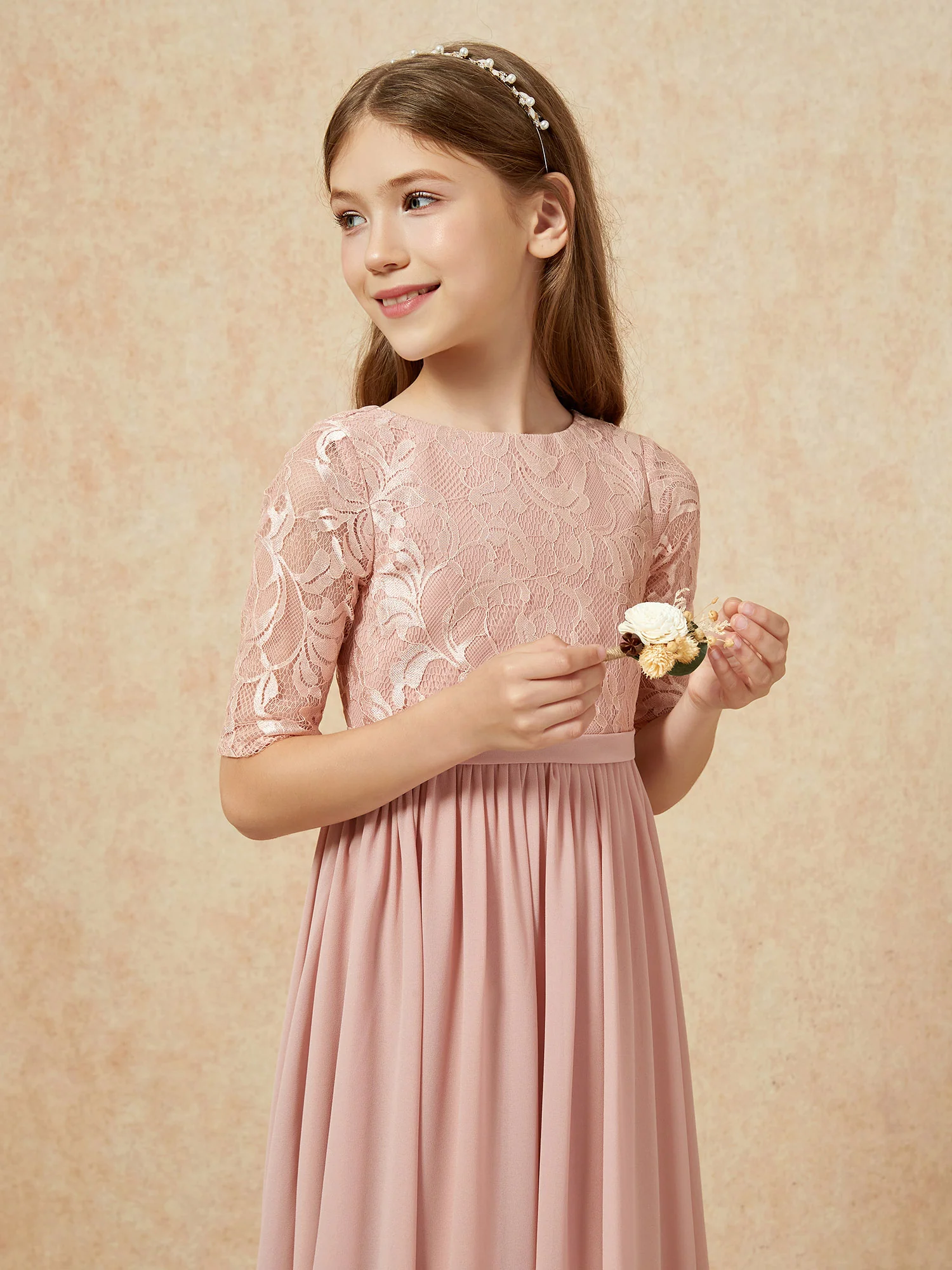 Half Sleeve Lace Top Chiffon Junior Bridesmaid Dresses Dusty Rose - Image 6