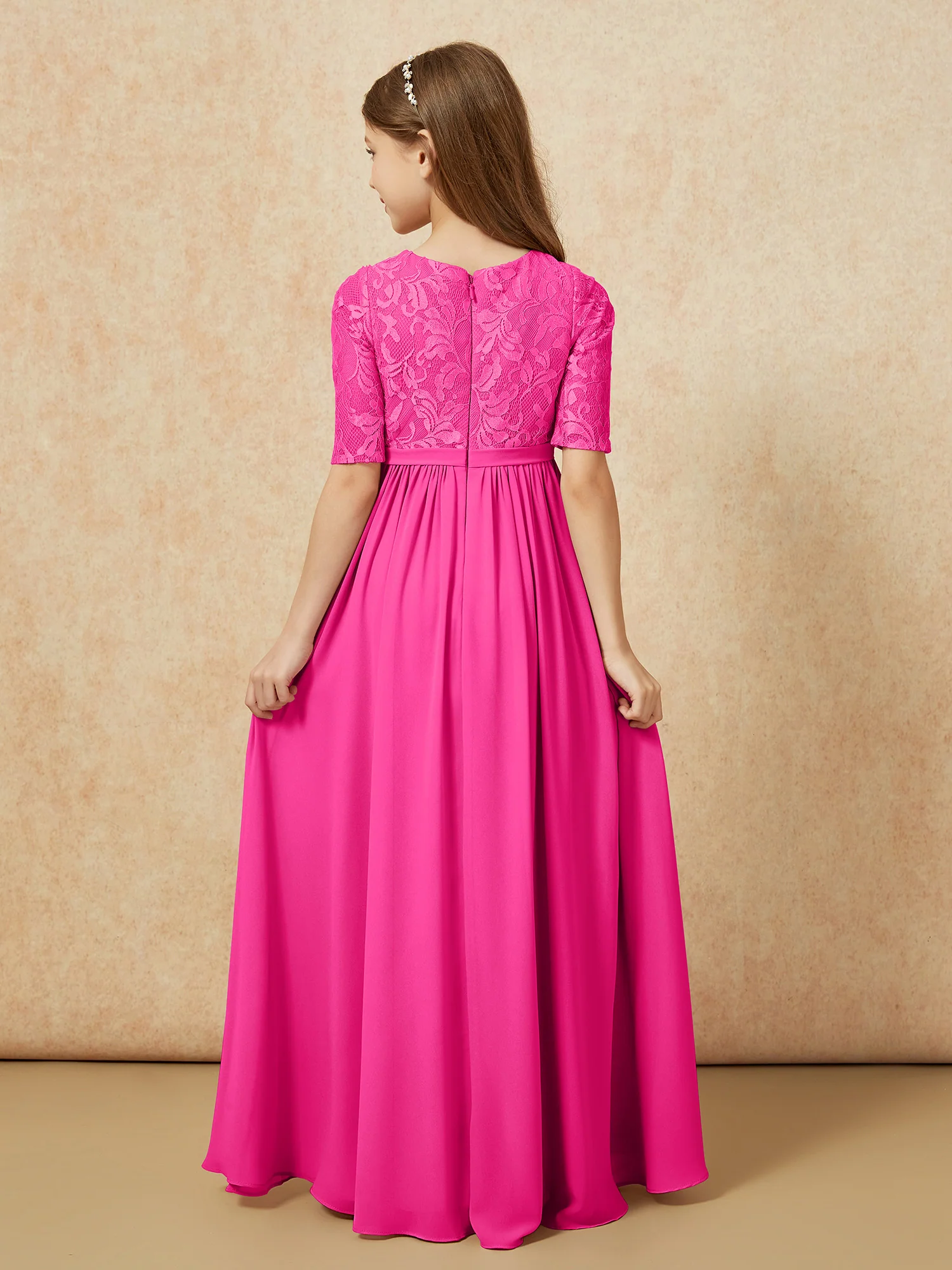 Half Sleeve Lace Top Chiffon Junior Bridesmaid Dresses Fuchsia - Image 2
