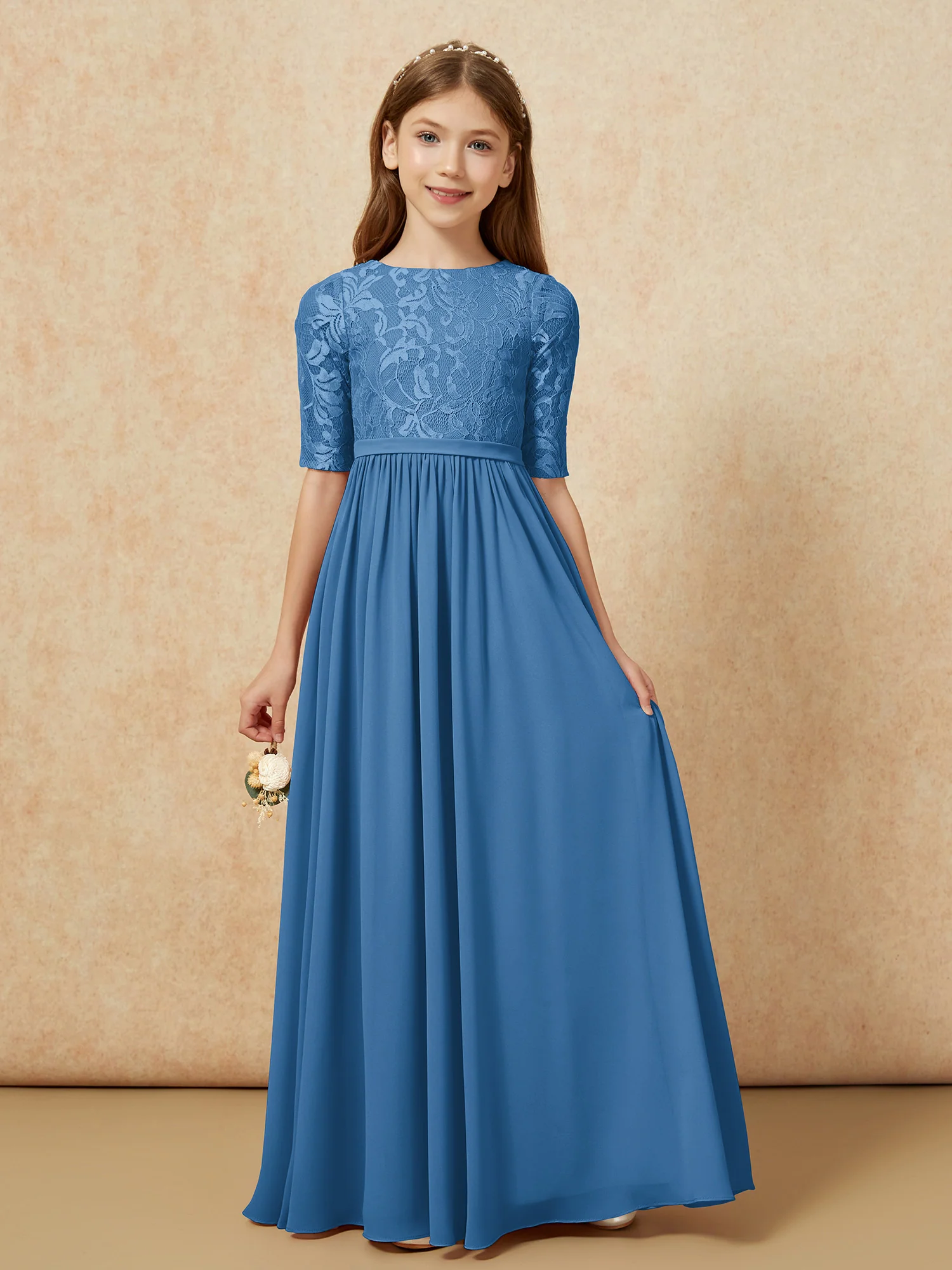 Half Sleeve Lace Top Chiffon Junior Bridesmaid Dresses Ink Blue