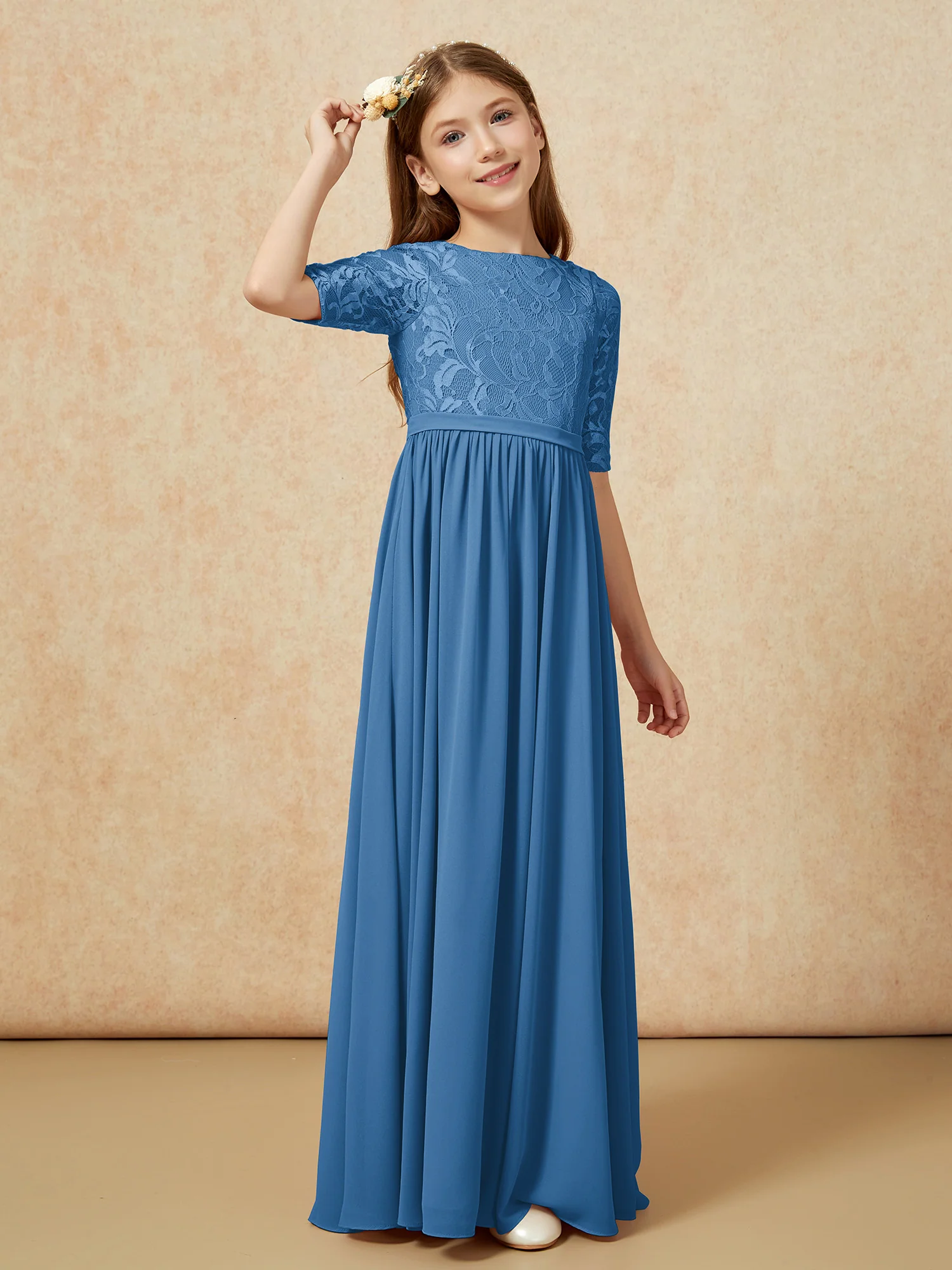Half Sleeve Lace Top Chiffon Junior Bridesmaid Dresses Ink Blue - Image 3