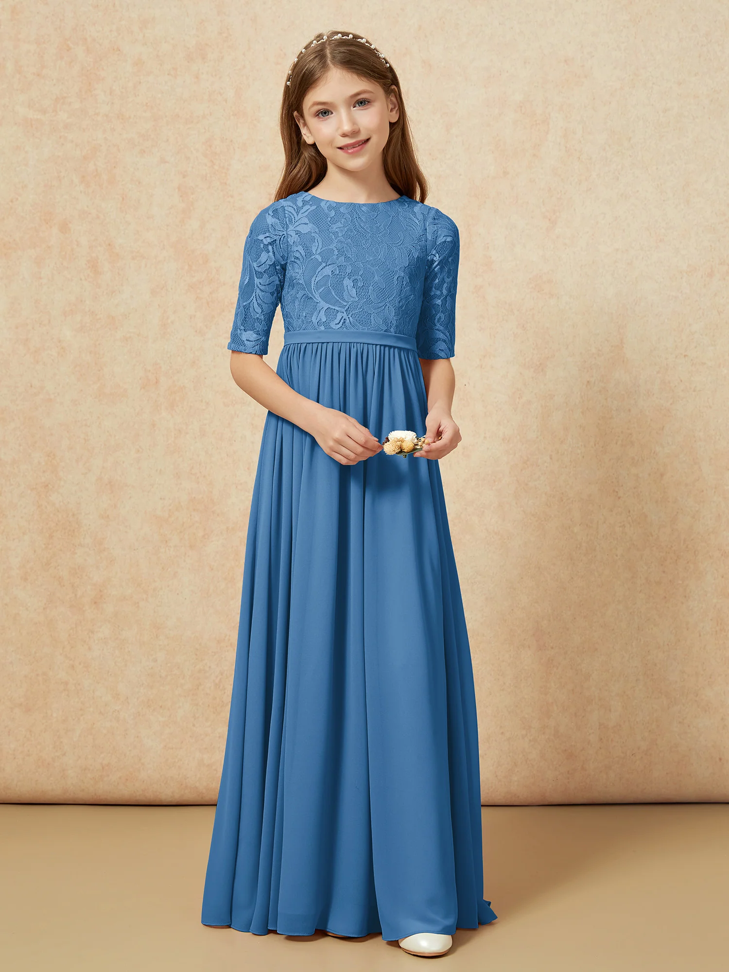 Half Sleeve Lace Top Chiffon Junior Bridesmaid Dresses Ink Blue - Image 4