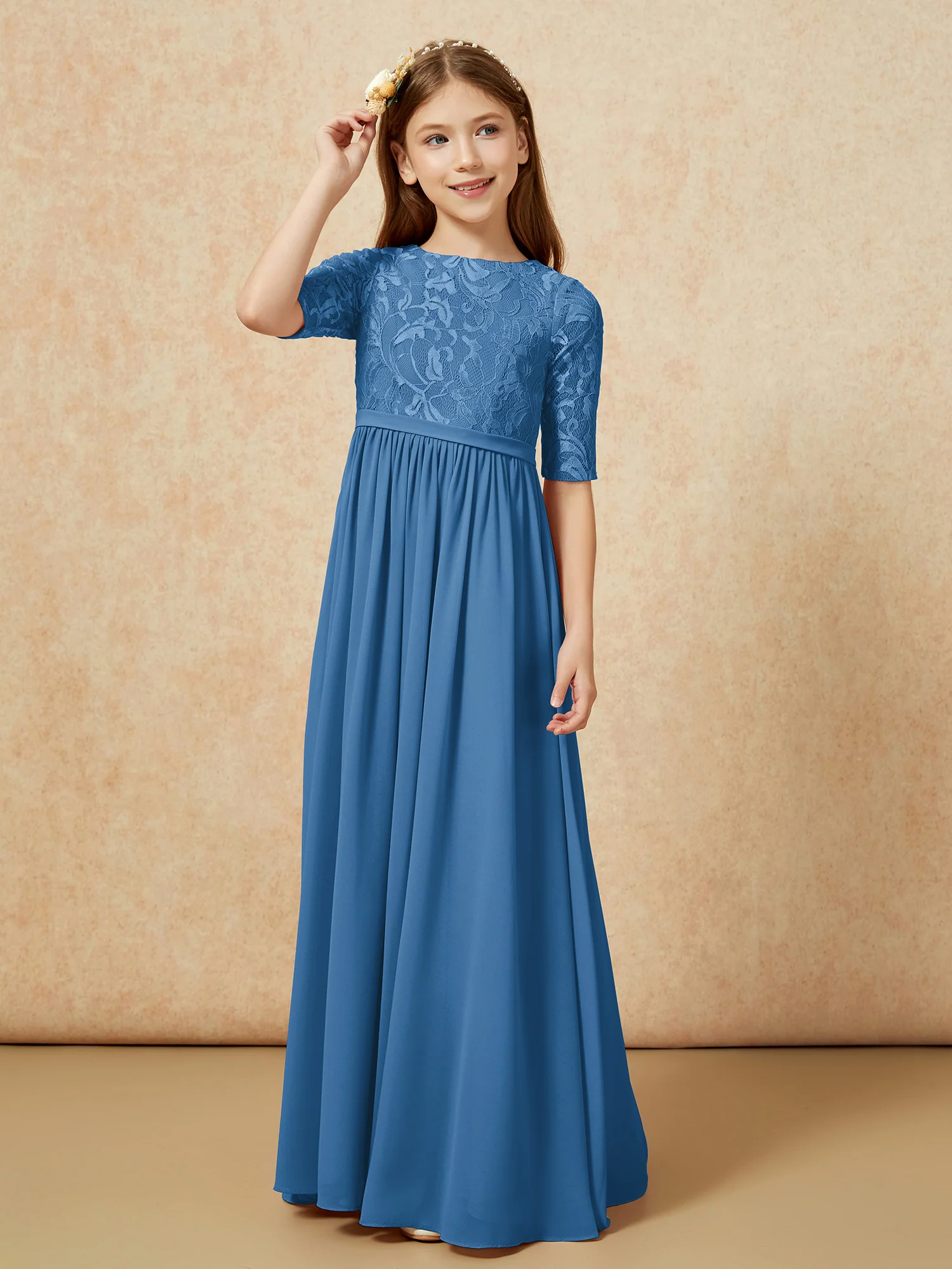 Half Sleeve Lace Top Chiffon Junior Bridesmaid Dresses Ink Blue - Image 5