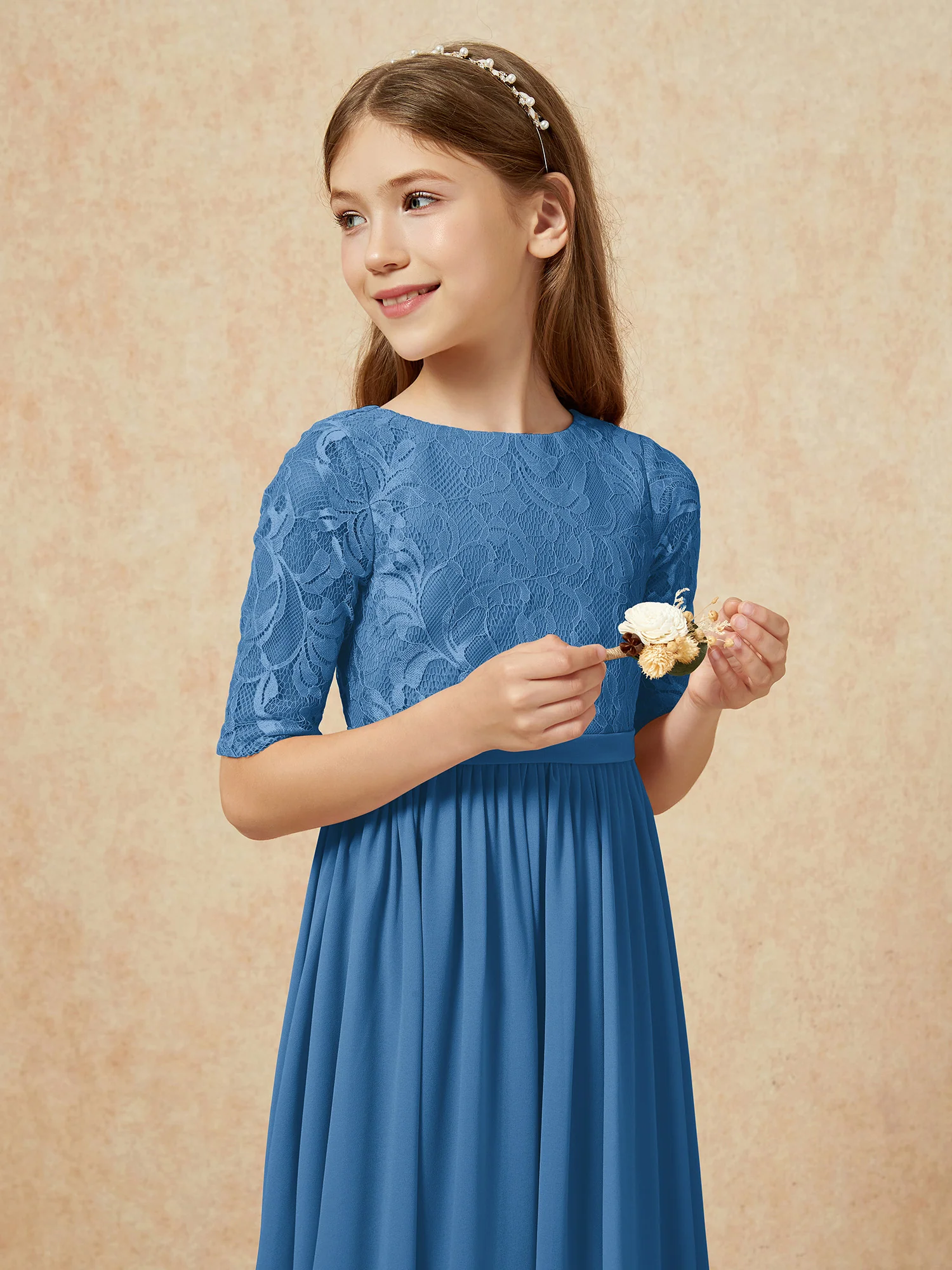 Half Sleeve Lace Top Chiffon Junior Bridesmaid Dresses Ink Blue - Image 6