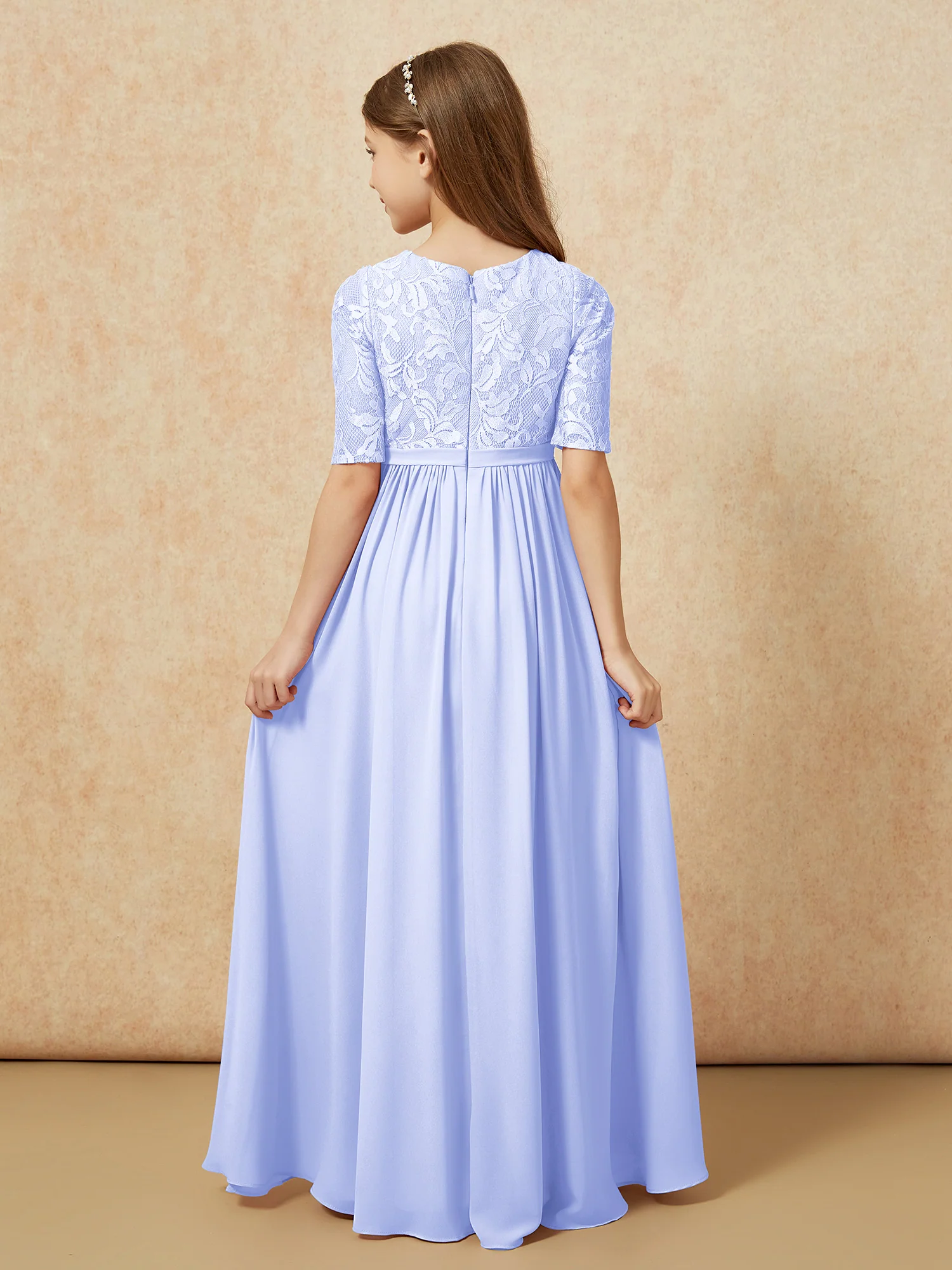 Half Sleeve Lace Top Chiffon Junior Bridesmaid Dresses Lavender - Image 2